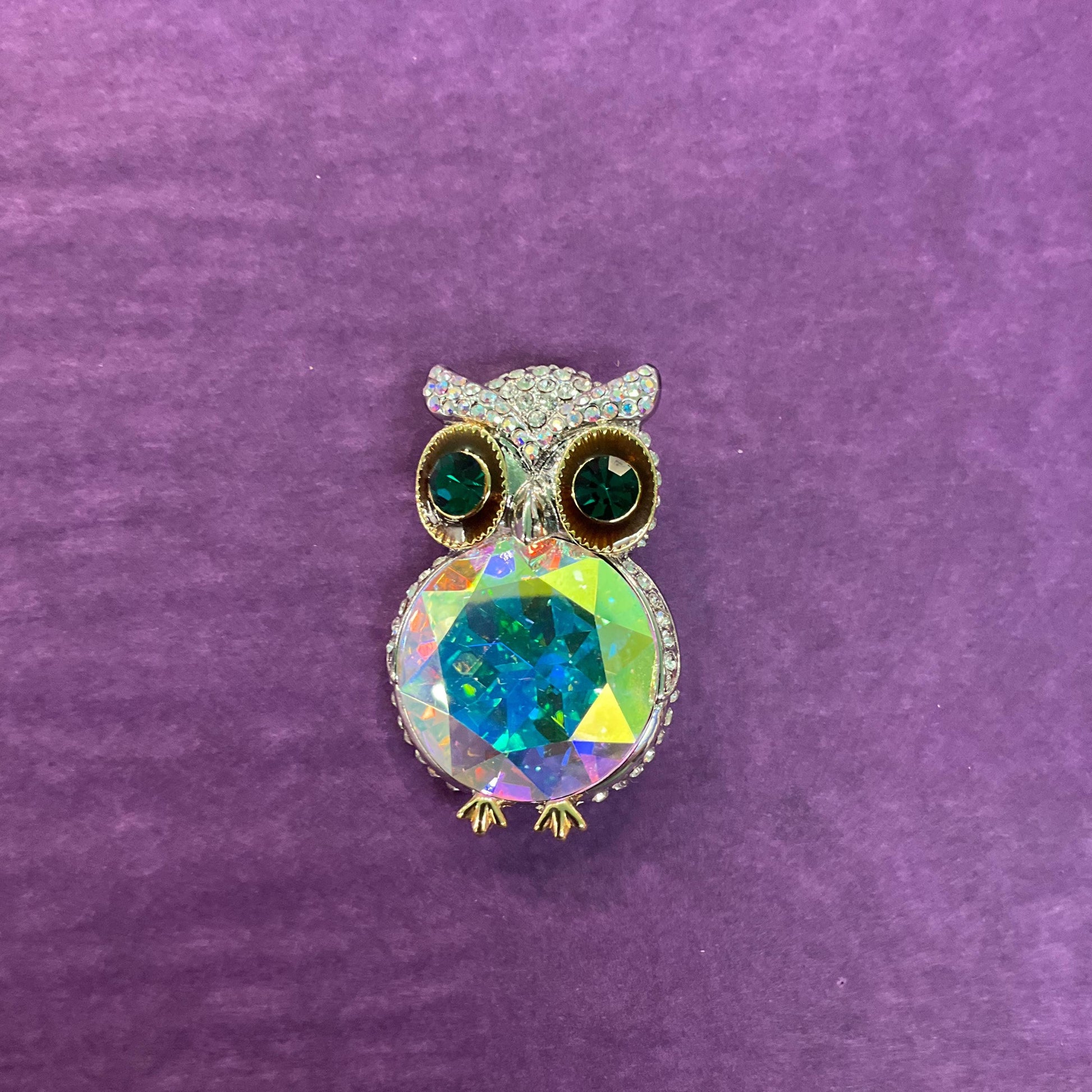 Vintage Butler and Wilson Large Crystal Owl Brooch, Silver To e with Green and Borealis Crystals and Rhinestones, Sustainable Gift