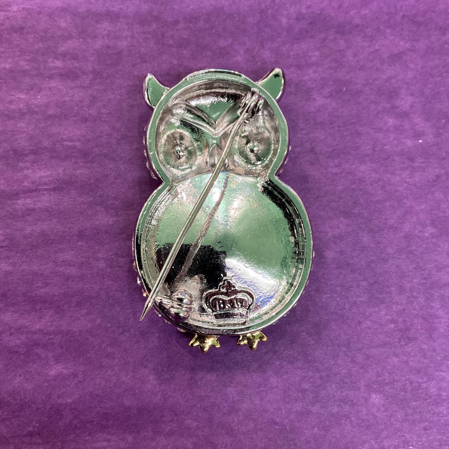 Vintage Butler and Wilson Large Crystal Owl Brooch, Silver To e with Green and Borealis Crystals and Rhinestones, Sustainable Gift