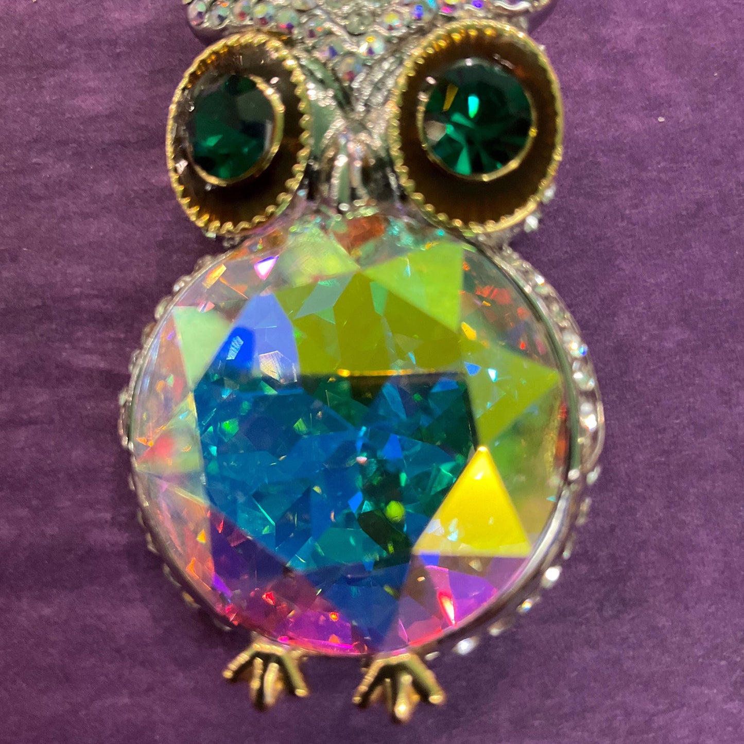 Vintage Butler and Wilson Large Crystal Owl Brooch, Silver To e with Green and Borealis Crystals and Rhinestones, Sustainable Gift