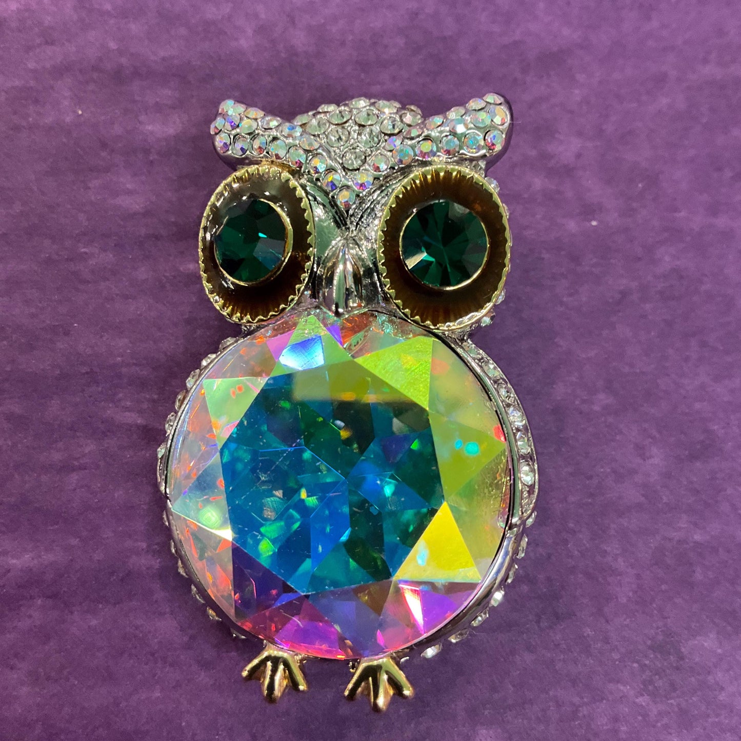 Vintage Butler and Wilson Large Crystal Owl Brooch, Silver To e with Green and Borealis Crystals and Rhinestones, Sustainable Gift