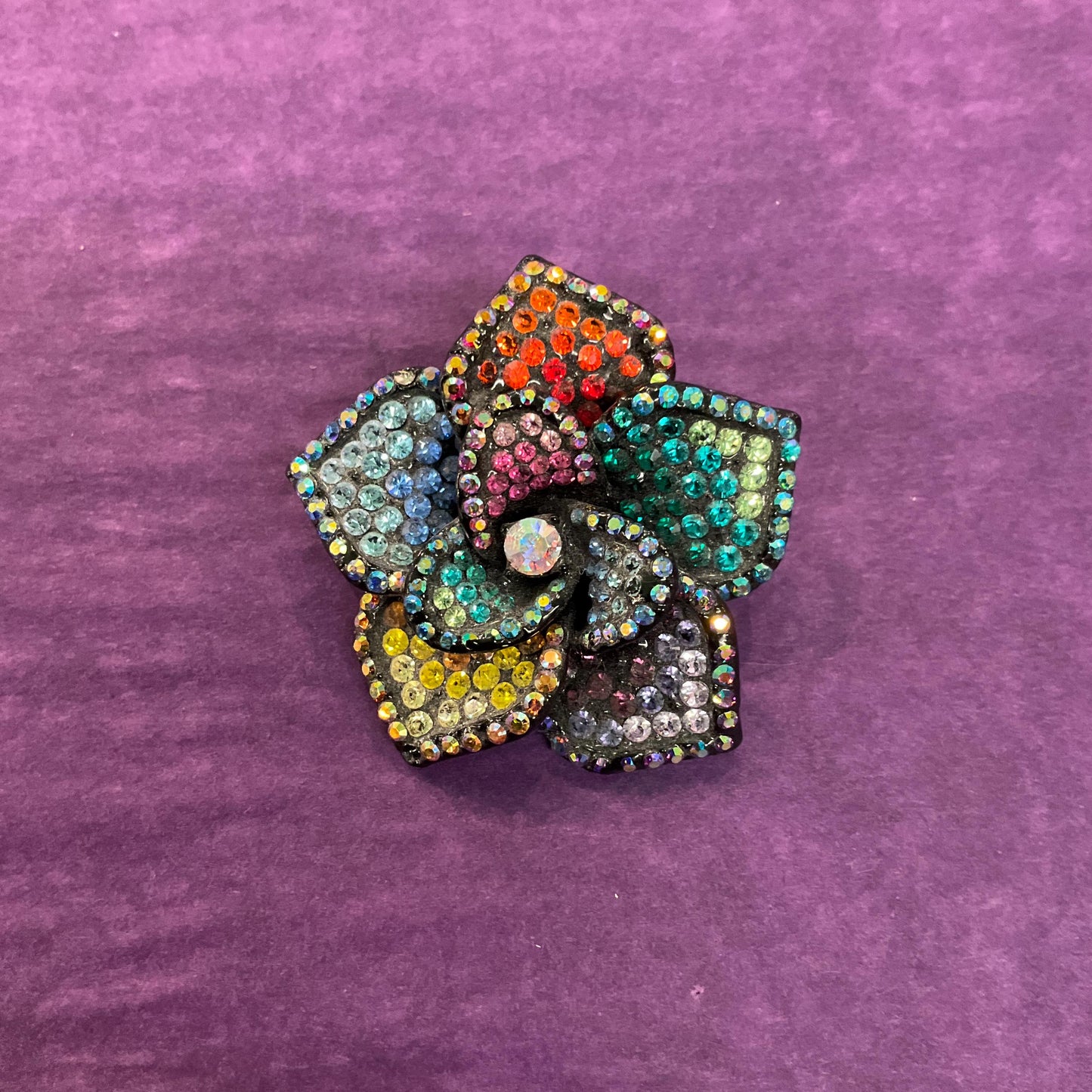 Vintage Butler and Wilson Rainbow Crystal Flower Brooch, Pewter Tone with ombré Borealis rhinestones, Sustainable gift