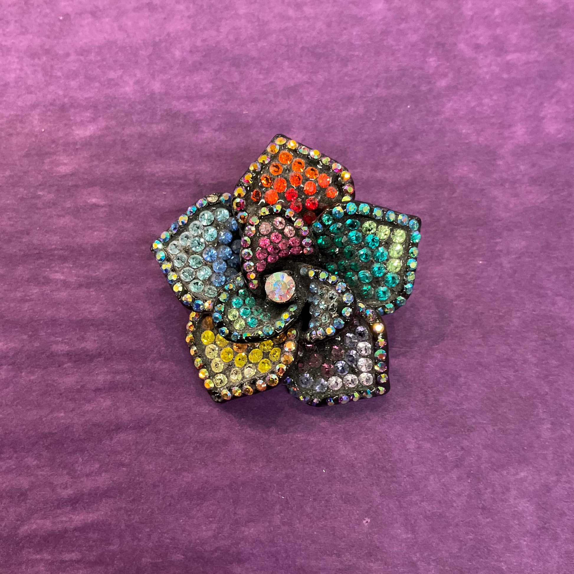 Vintage Butler and Wilson Rainbow Crystal Flower Brooch, Pewter Tone with ombré Borealis rhinestones, Sustainable gift