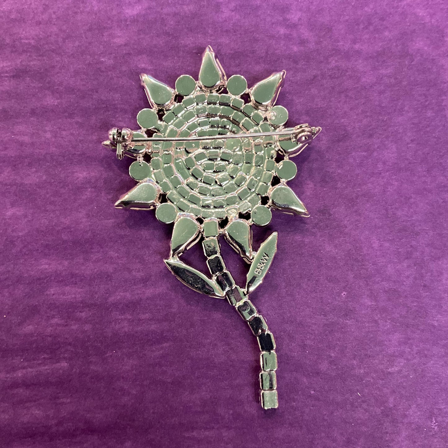 Vintage Butler and Wilson Large Crystal Smiley Sunflower Brooch, Silver tone with silver , Aurora Borealis and Black Rhinestones