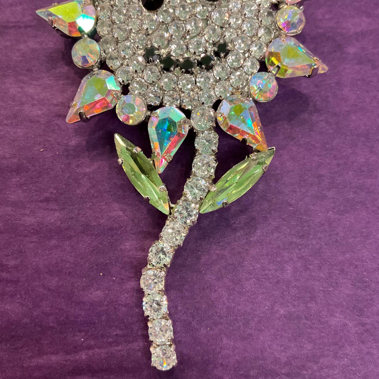 Vintage Butler and Wilson Large Crystal Smiley Sunflower Brooch, Silver tone with silver , Aurora Borealis and Black Rhinestones
