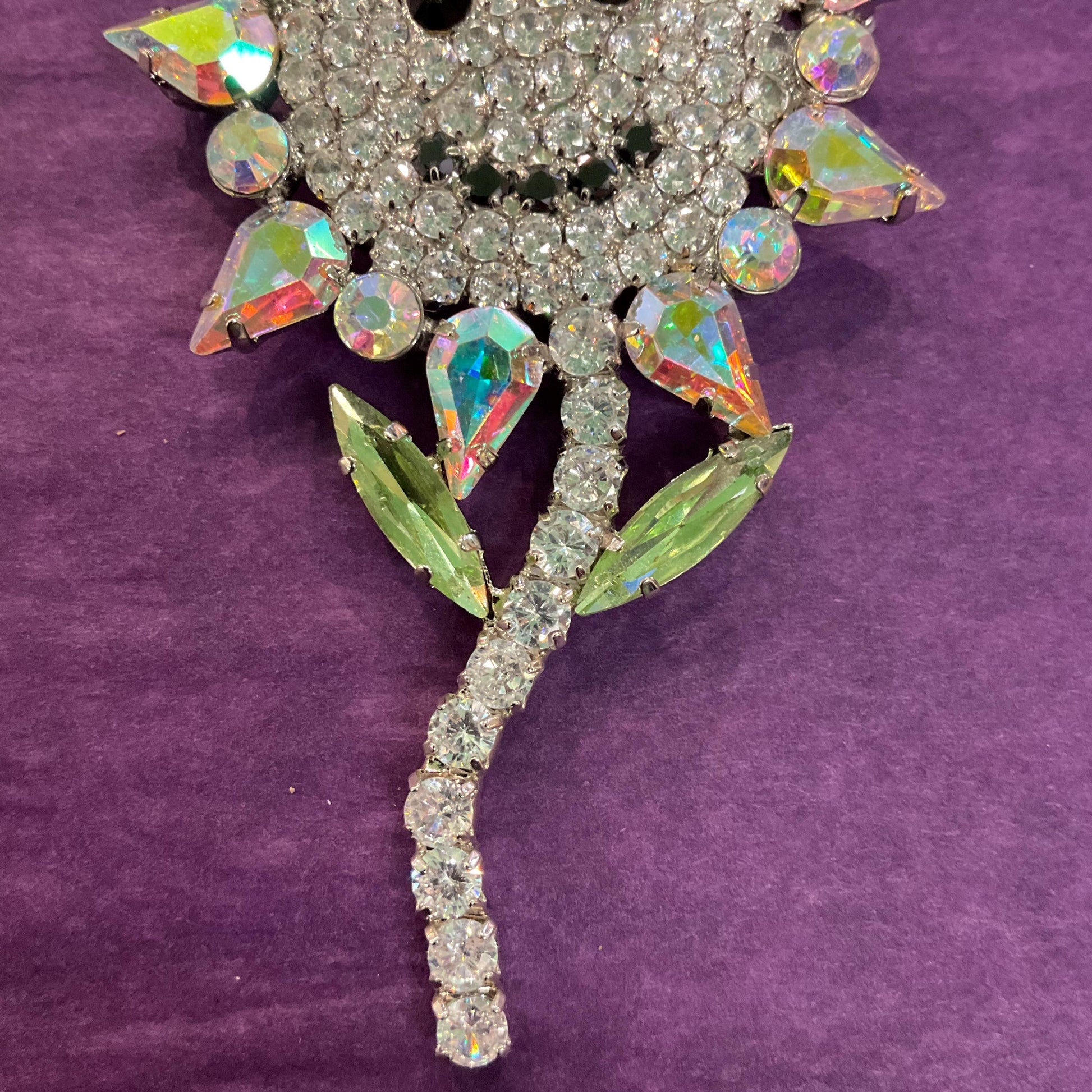 Vintage Butler and Wilson Large Crystal Smiley Sunflower Brooch, Silver tone with silver , Aurora Borealis and Black Rhinestones