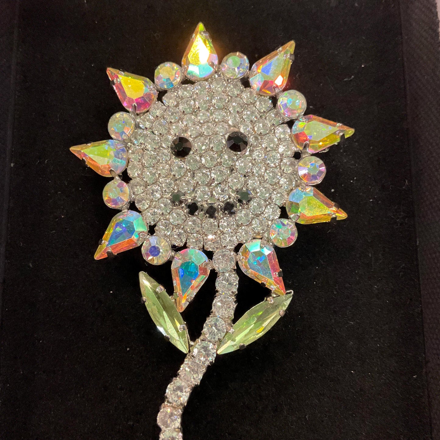 Vintage Butler and Wilson Large Crystal Smiley Sunflower Brooch, Silver tone with silver , Aurora Borealis and Black Rhinestones