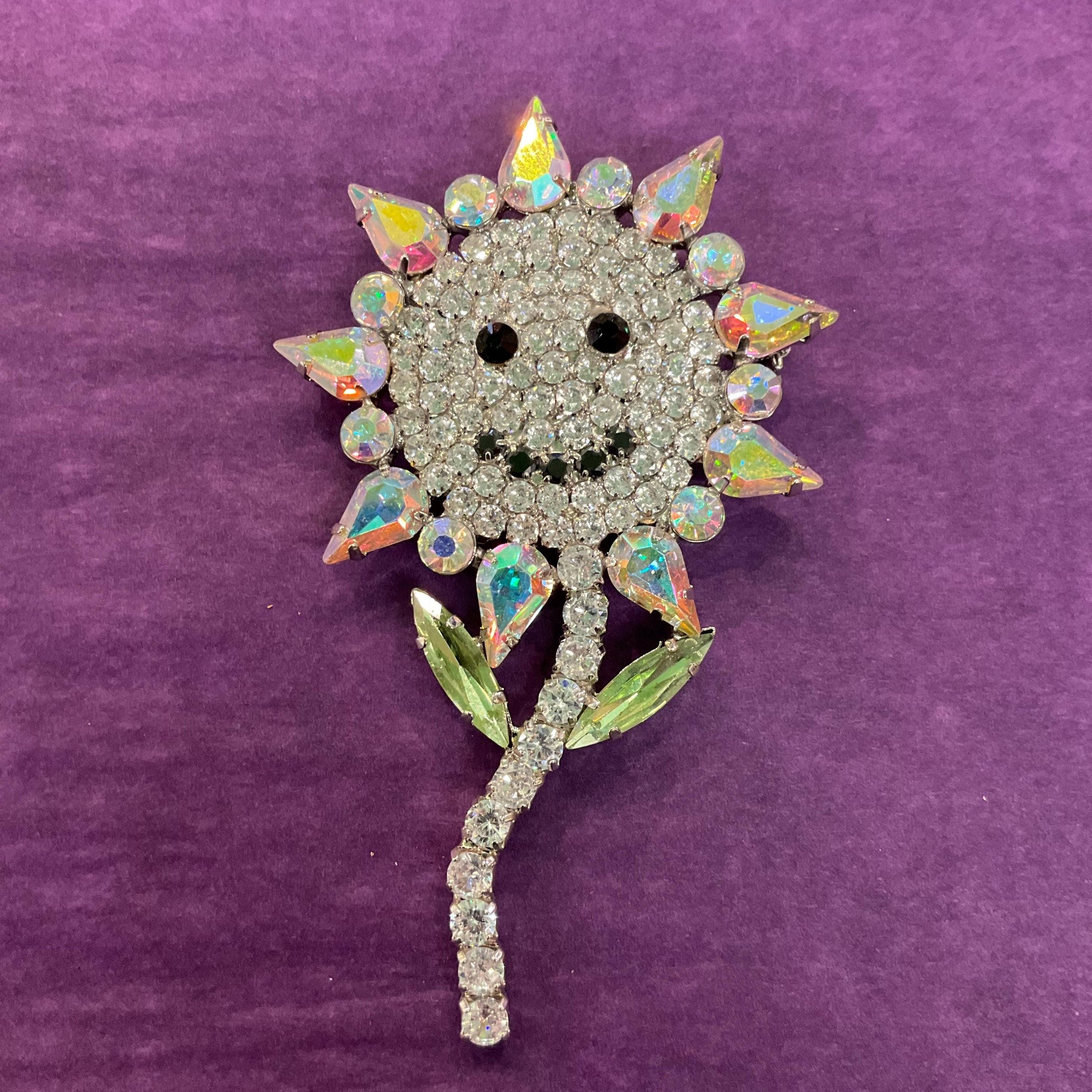 Vintage Butler and Wilson Large Crystal Smiley Sunflower Brooch, Silver tone with silver , Aurora Borealis and Black Rhinestones