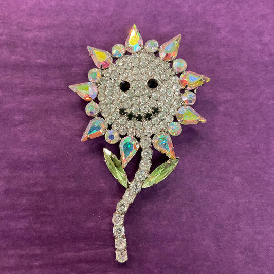 Vintage Butler and Wilson Large Crystal Smiley Sunflower Brooch, Silver tone with silver , Aurora Borealis and Black Rhinestones