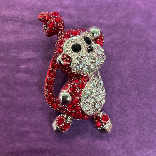 Vintage Butler and Wilson Crystal Monkey Brooch, Silver tone with red, silver and black rhinestones, Sustainable Gift