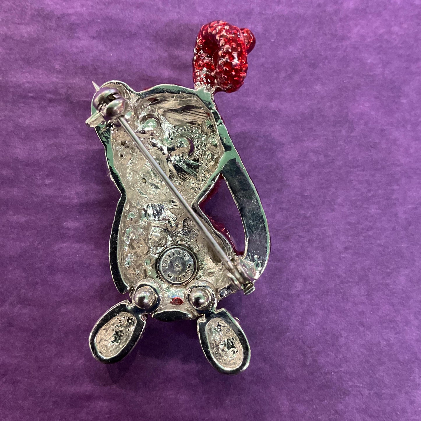 Vintage Butler and Wilson Crystal Monkey Brooch, Silver tone with red, silver and black rhinestones, Sustainable Gift