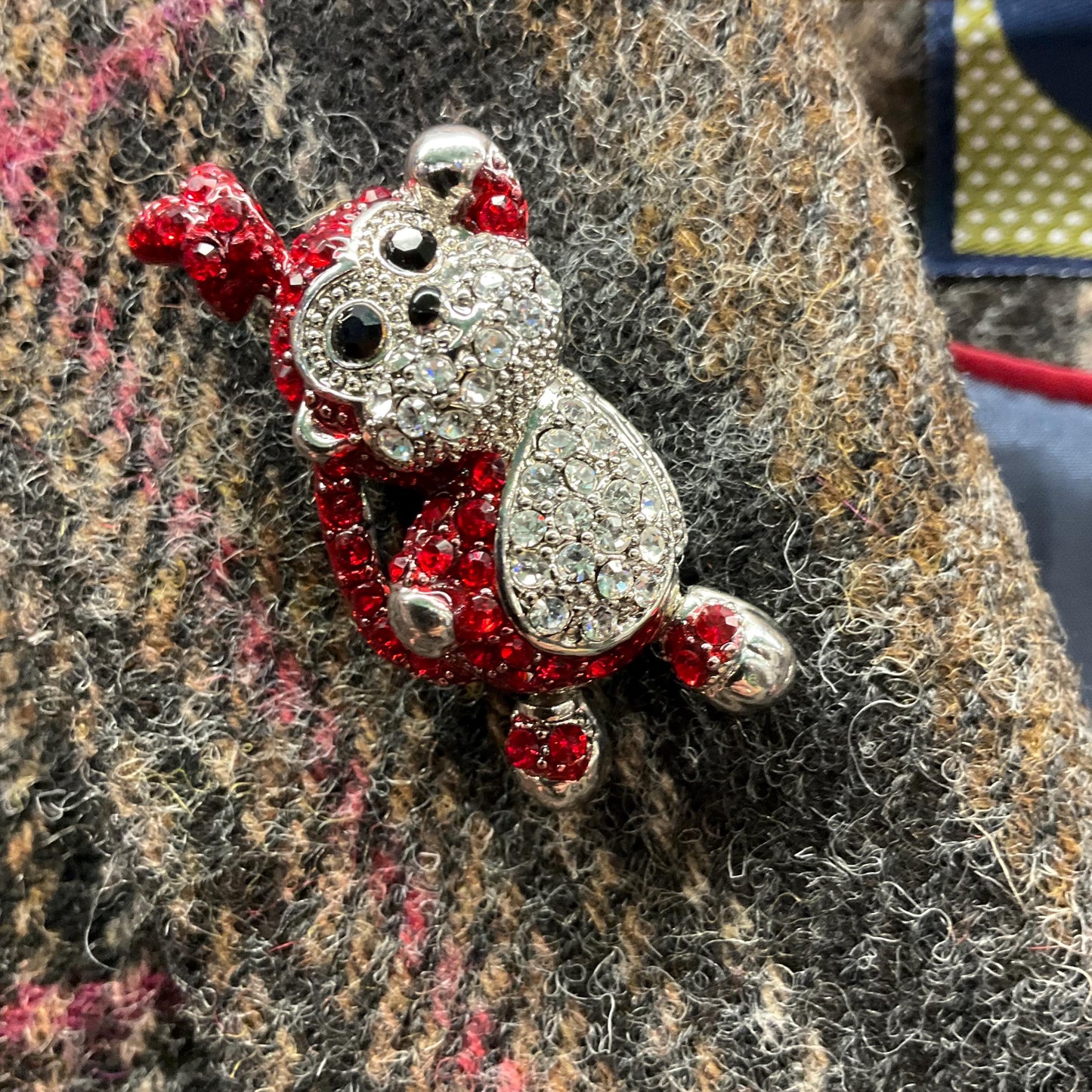 Vintage Butler and Wilson Crystal Monkey Brooch, Silver tone with red, silver and black rhinestones, Sustainable Gift