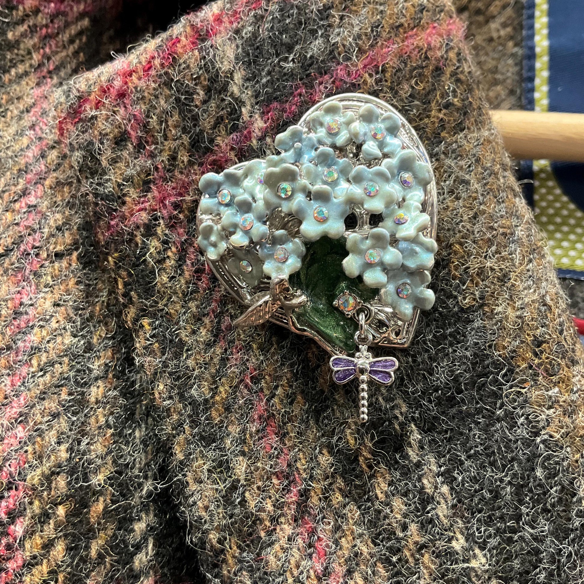 Vintage Kirk’s Folly Forget me not and dragonfly heart shaped Enamel and Crystal Brooch, Sustainable gift