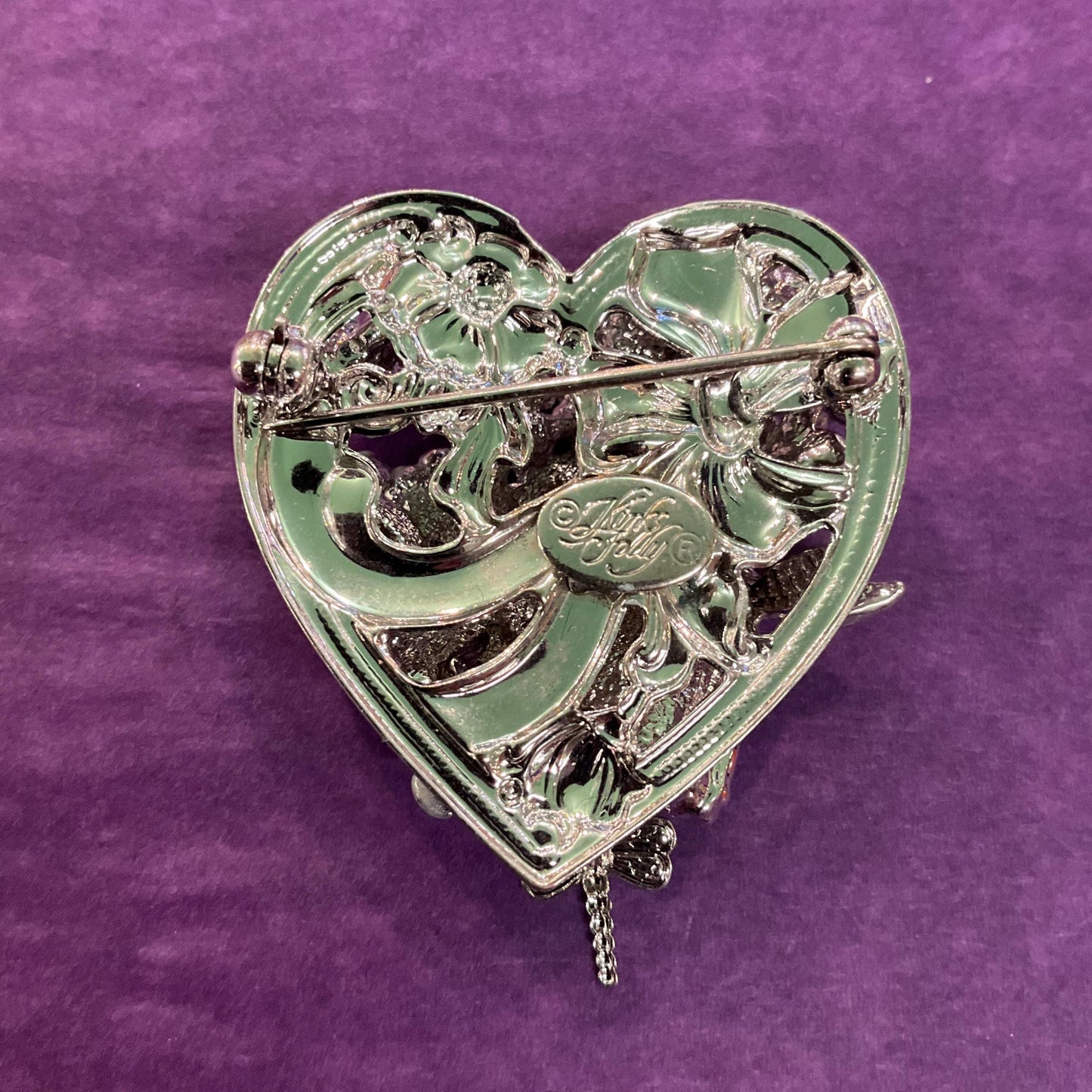 Vintage Kirk’s Folly Forget me not and dragonfly heart shaped Enamel and Crystal Brooch, Sustainable gift