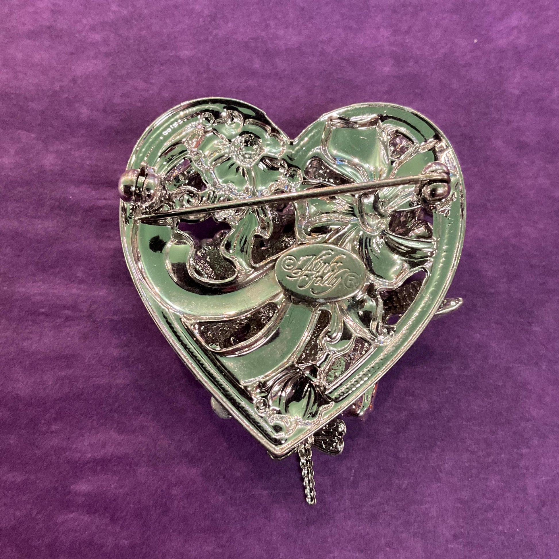 Vintage Kirk’s Folly Forget me not and dragonfly heart shaped Enamel and Crystal Brooch, Sustainable gift