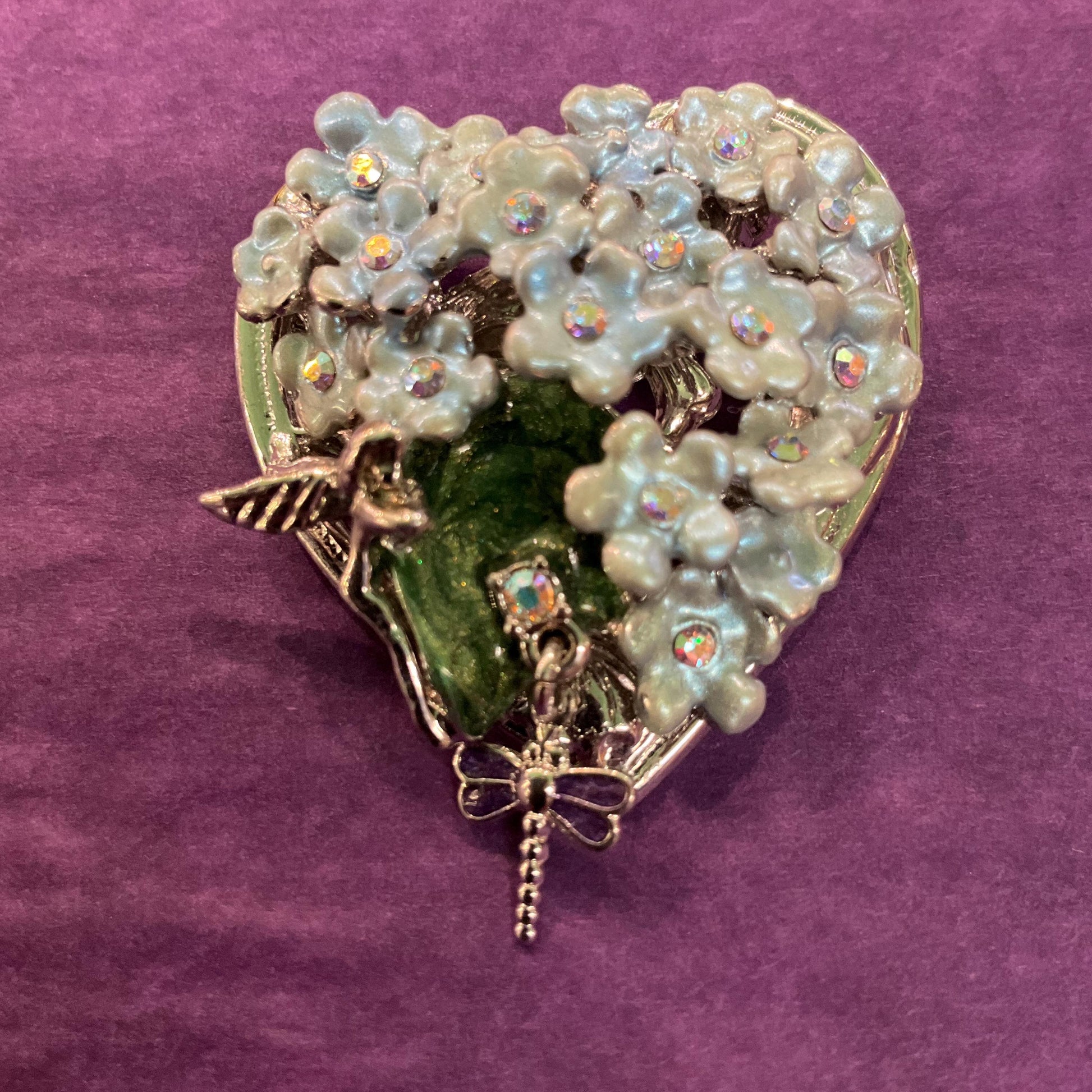 Vintage Kirk’s Folly Forget me not and dragonfly heart shaped Enamel and Crystal Brooch, Sustainable gift