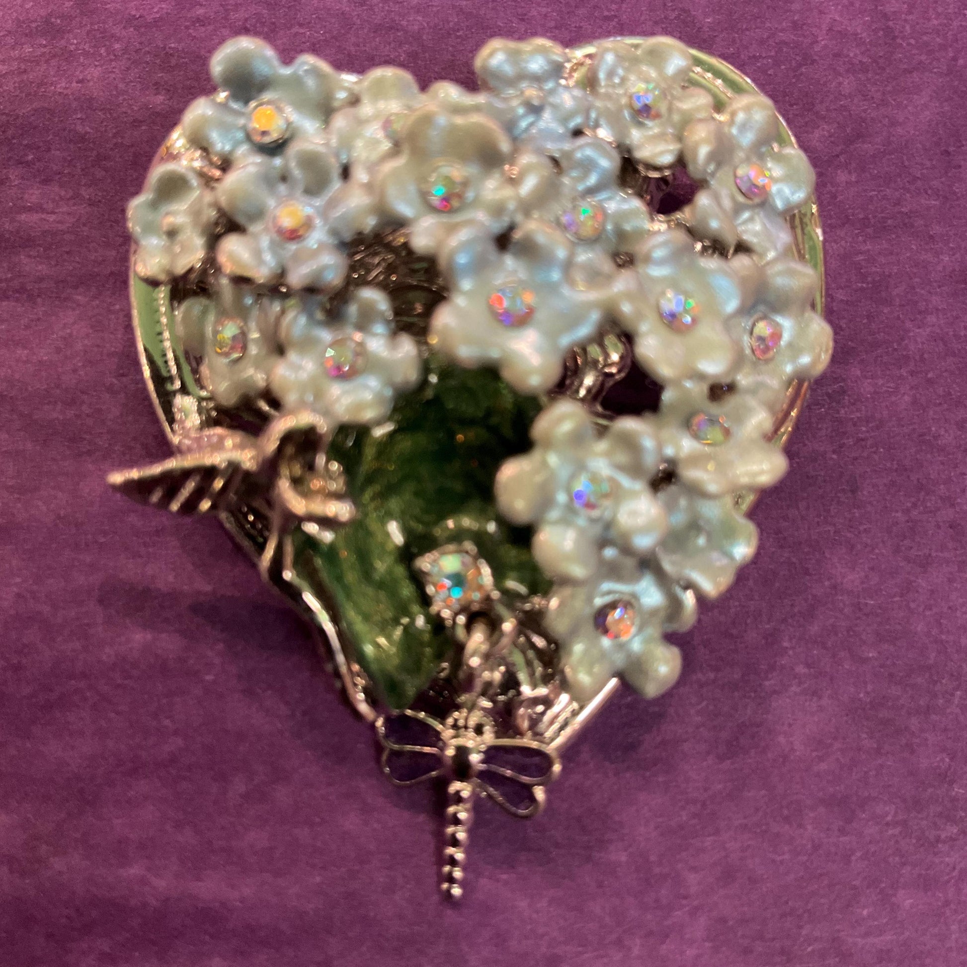 Vintage Kirk’s Folly Forget me not and dragonfly heart shaped Enamel and Crystal Brooch, Sustainable gift