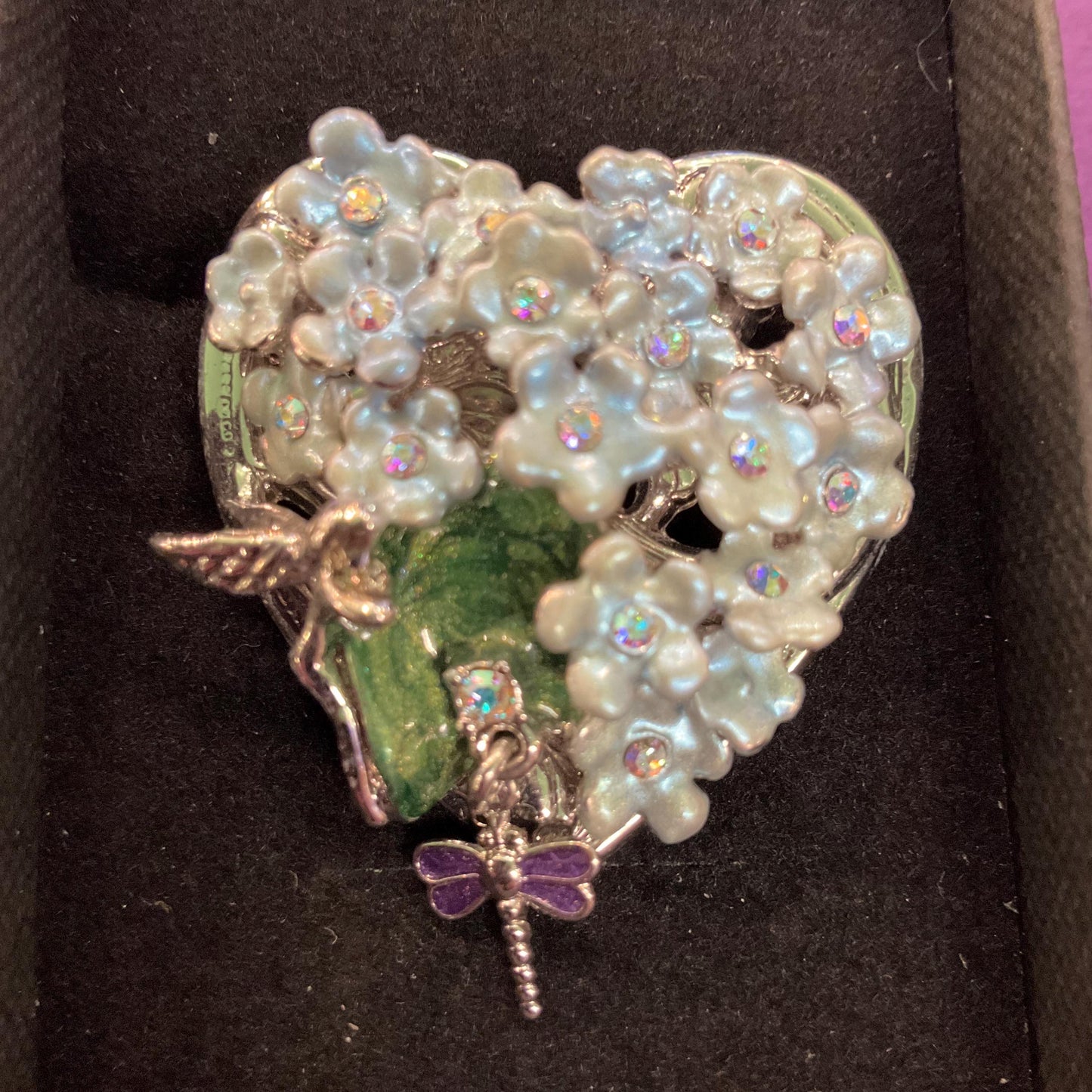 Vintage Kirk’s Folly Forget me not and dragonfly heart shaped Enamel and Crystal Brooch, Sustainable gift