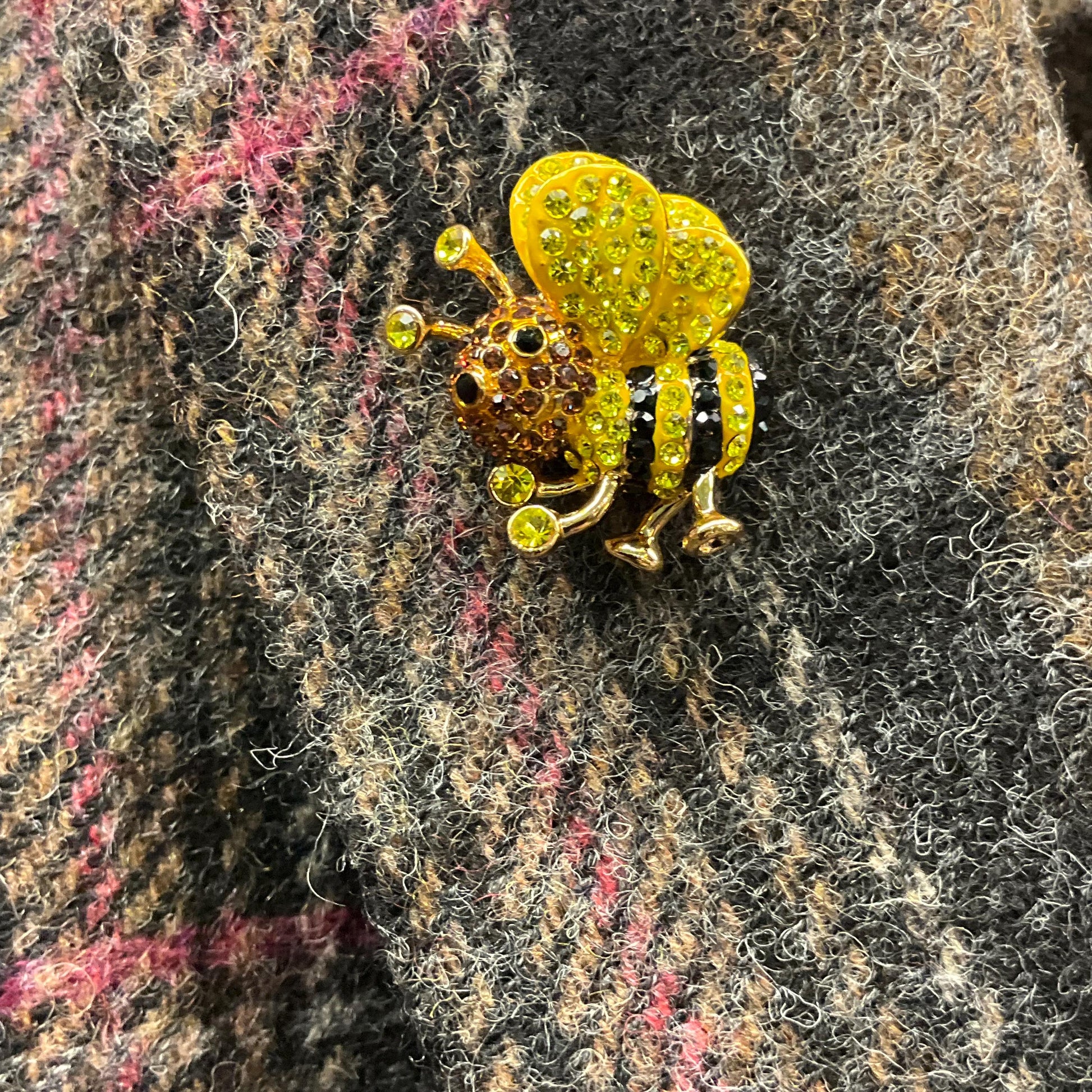 Vintage Butler and Wilson Crystal Bee Lapel/ Dress Pin , Gold tone with yellow, bronze and black rhinestones, Sustainable gift