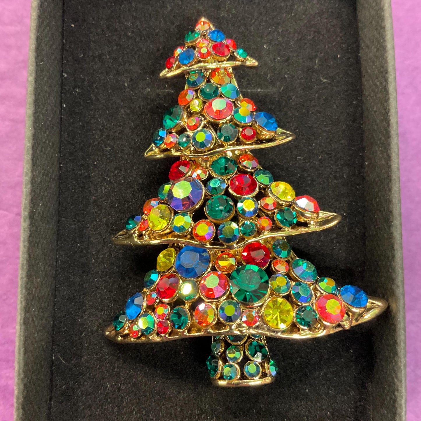 Vintage Butler and Wilson Large Crystal Christmas Tree Brooch, Gold tone with rainbow faceted Crystals, Sustainable gift