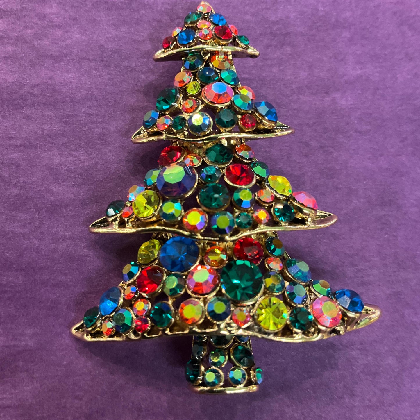 Vintage Butler and Wilson Large Crystal Christmas Tree Brooch, Gold tone with rainbow faceted Crystals, Sustainable gift