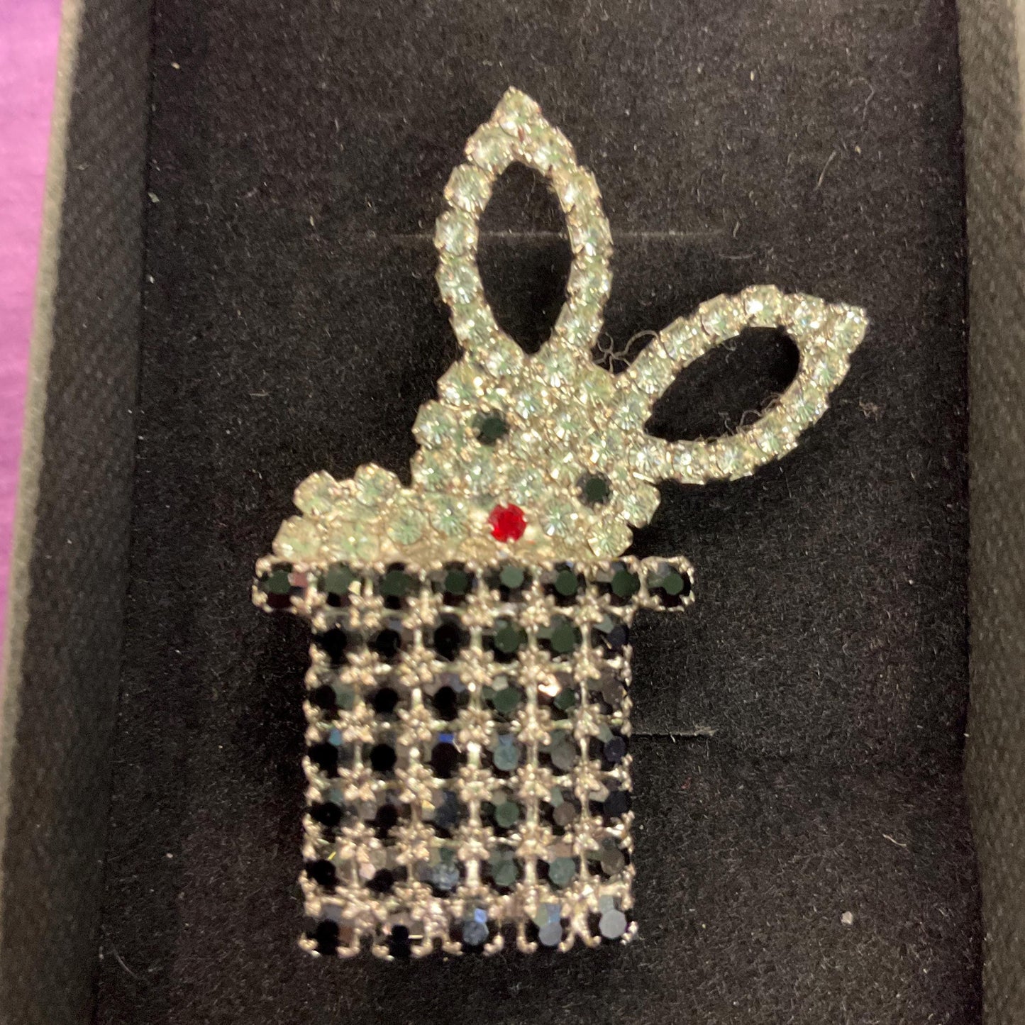Vintage Butler and Wilson Art Deco Style Crystal Rabbit in a Top Hat Brooch, silver tone with black, silver and red rhinestones