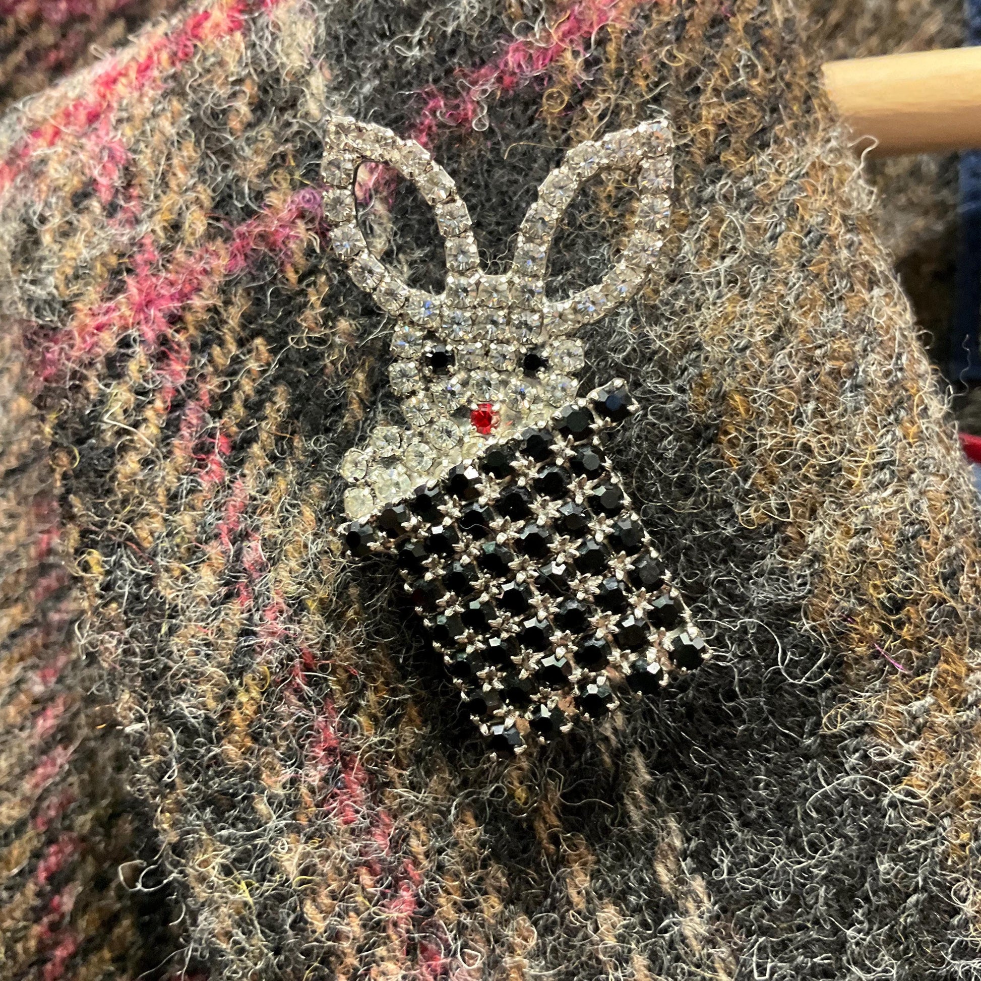 Vintage Butler and Wilson Art Deco Style Crystal Rabbit in a Top Hat Brooch, silver tone with black, silver and red rhinestones