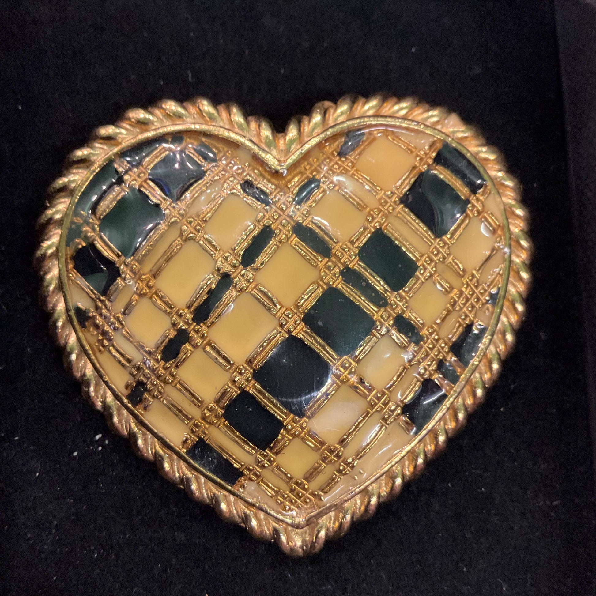 Vintage Butler and Wilson Large Gold and Black Heart Shaped Brooch, Gold tone with glossy enamel, Sustainable gift