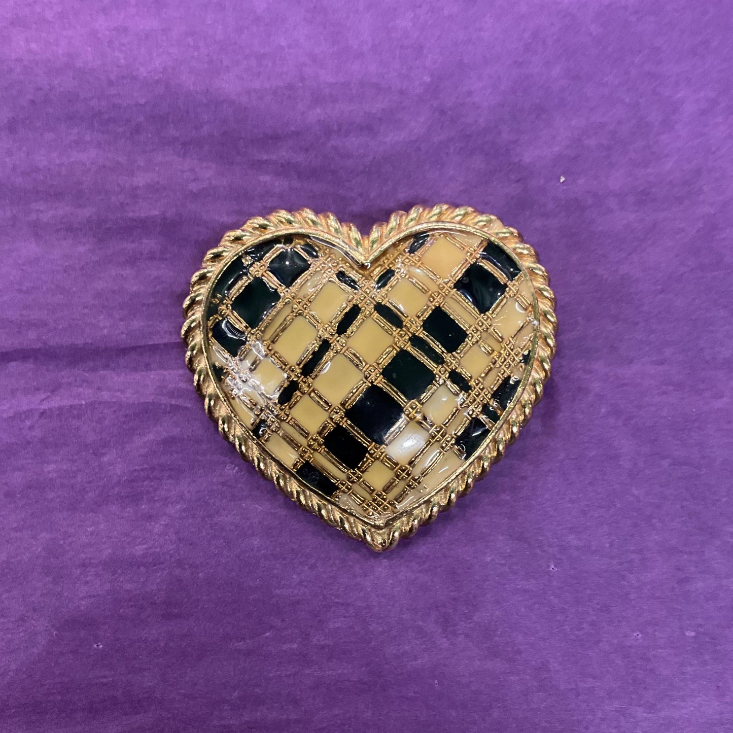 Vintage Butler and Wilson Large Gold and Black Heart Shaped Brooch, Gold tone with glossy enamel, Sustainable gift