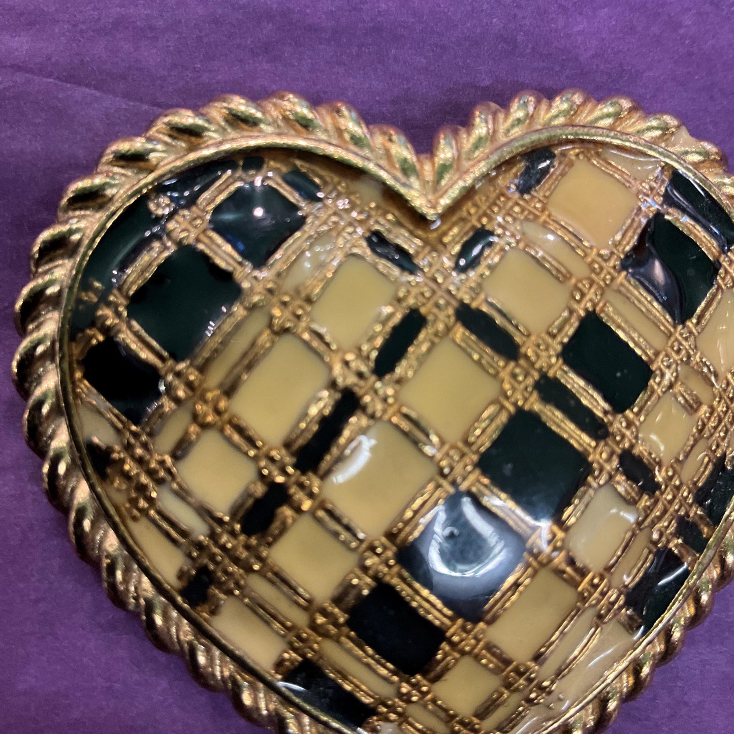 Vintage Butler and Wilson Large Gold and Black Heart Shaped Brooch, Gold tone with glossy enamel, Sustainable gift