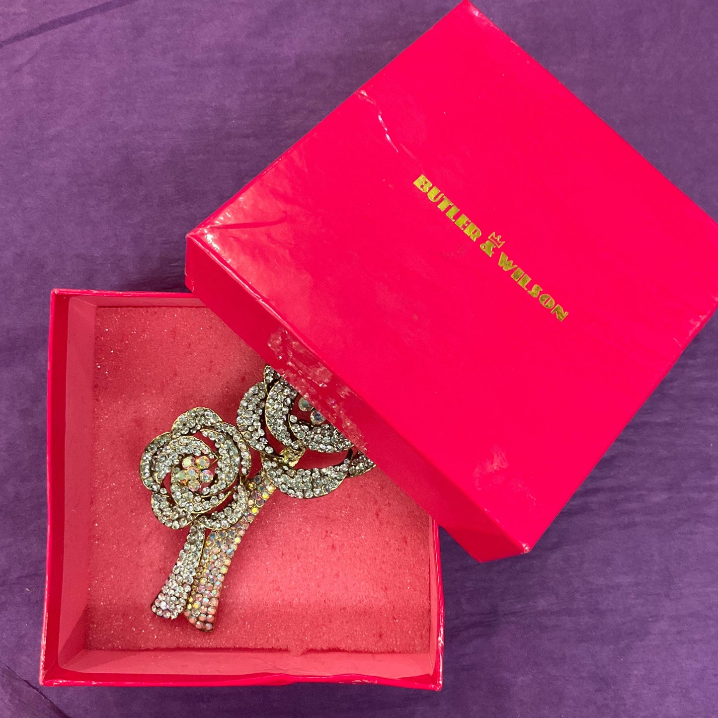 Vintage Butler and Wilson Large Silver Crystal Rose Corsage Brooch, Gold Tone Metal with Aurora Borealis Crystals