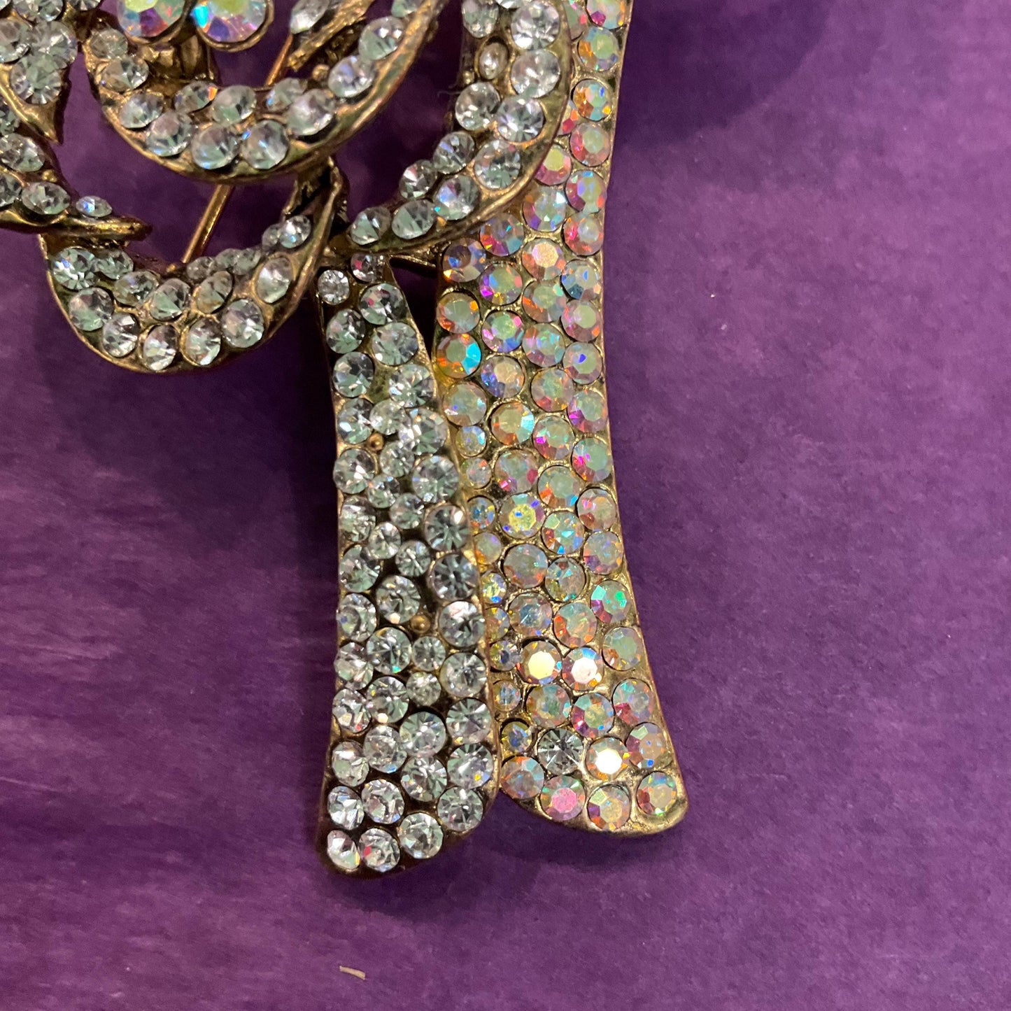 Vintage Butler and Wilson Large Silver Crystal Rose Corsage Brooch, Gold Tone Metal with Aurora Borealis Crystals
