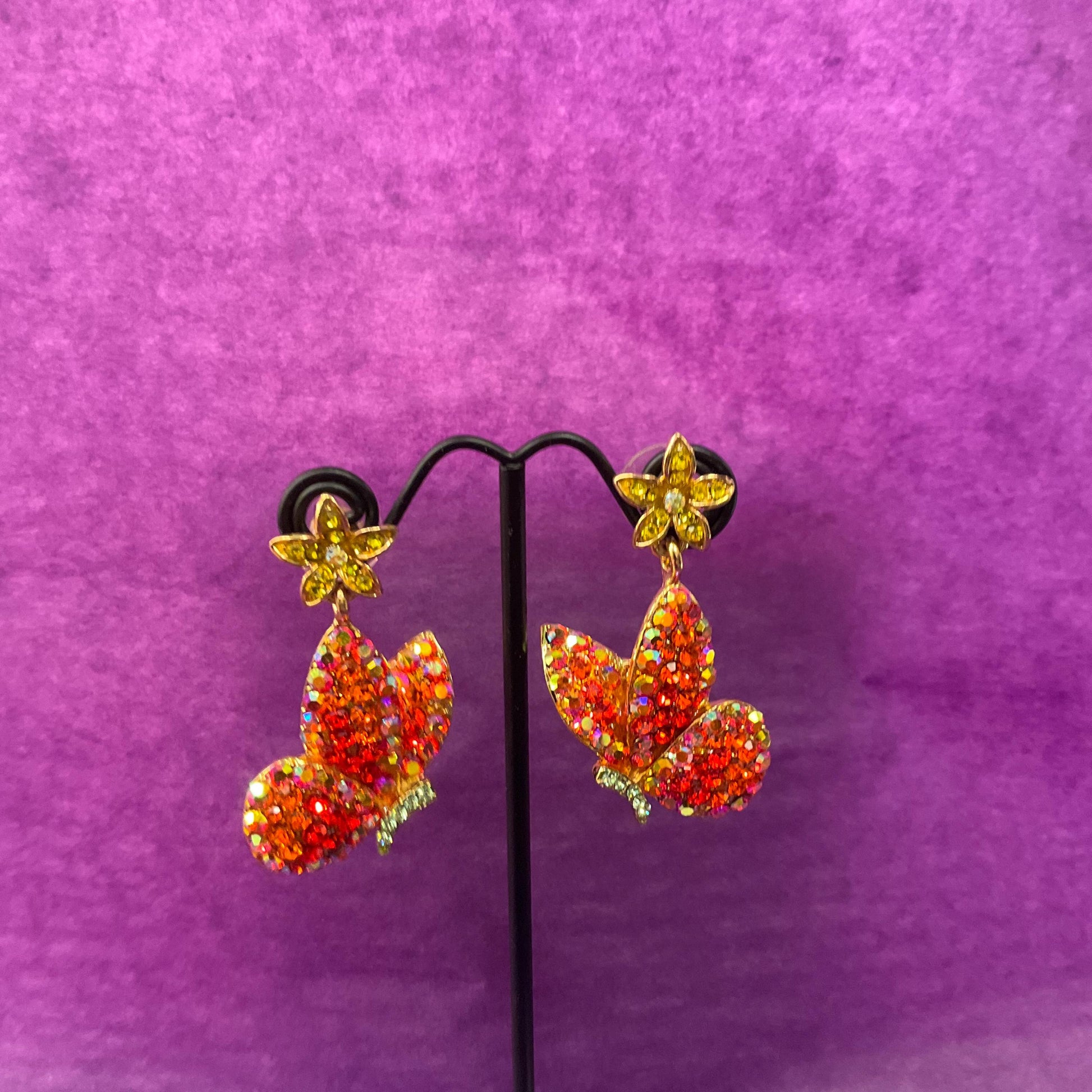 Vintage Butler and Wilson Long Drop Crystal Butterfly Earrings, Gold tone with orange and gold borealis rhinestones