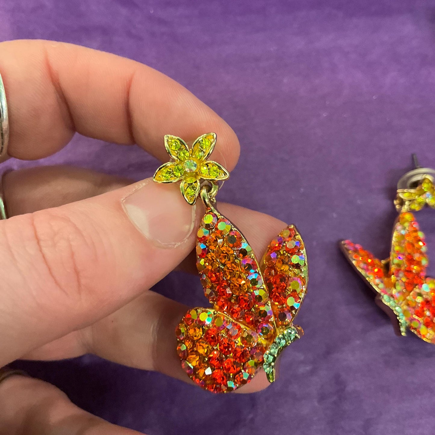 Vintage Butler and Wilson Long Drop Crystal Butterfly Earrings, Gold tone with orange and gold borealis rhinestones