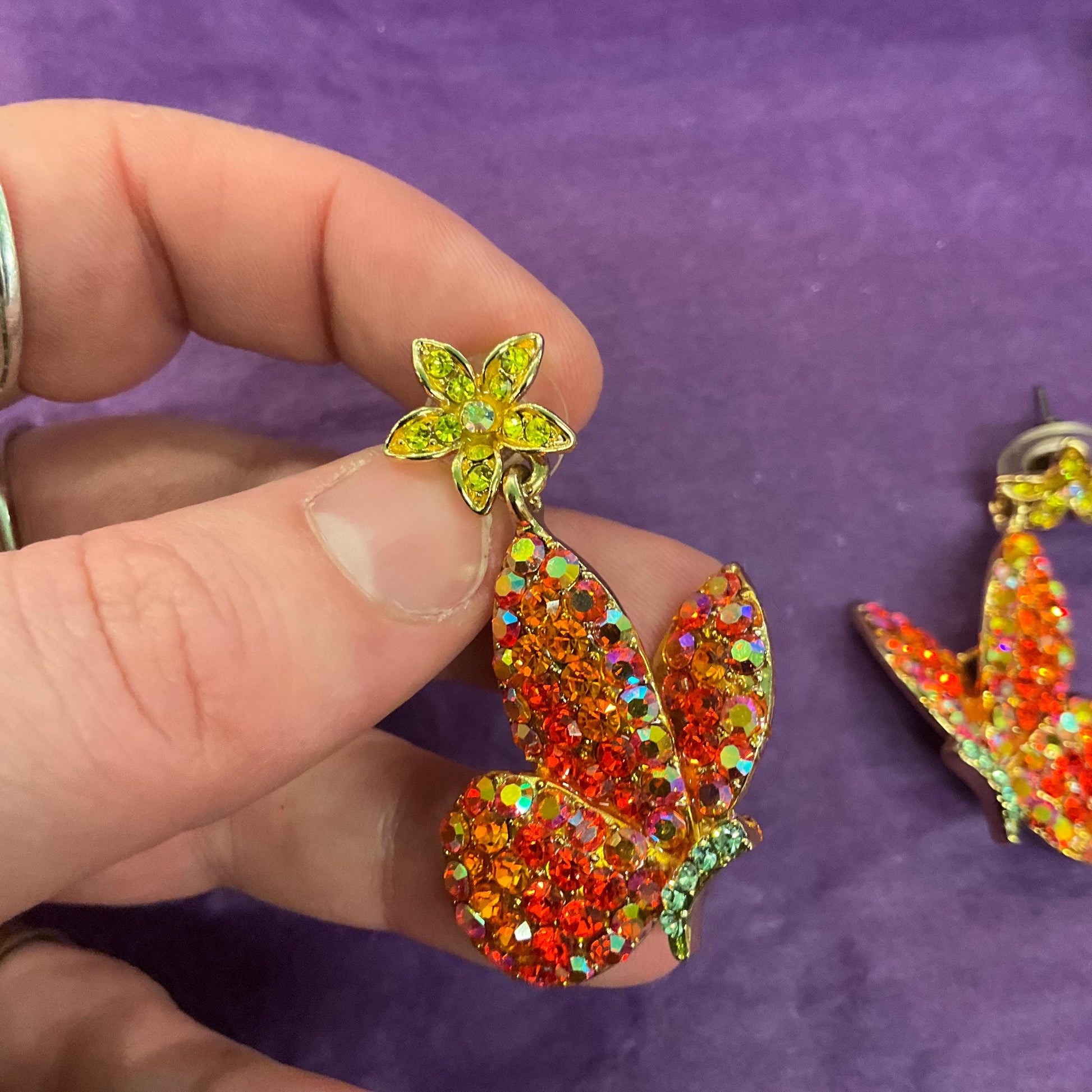 Vintage Butler and Wilson Long Drop Crystal Butterfly Earrings, Gold tone with orange and gold borealis rhinestones