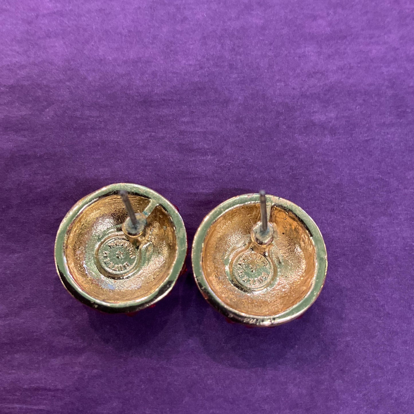 Vintage Butler and Wilson Red Crystal zButton Stud Earrings, Gold Tone with Red Enamel and Borealis rhinestones