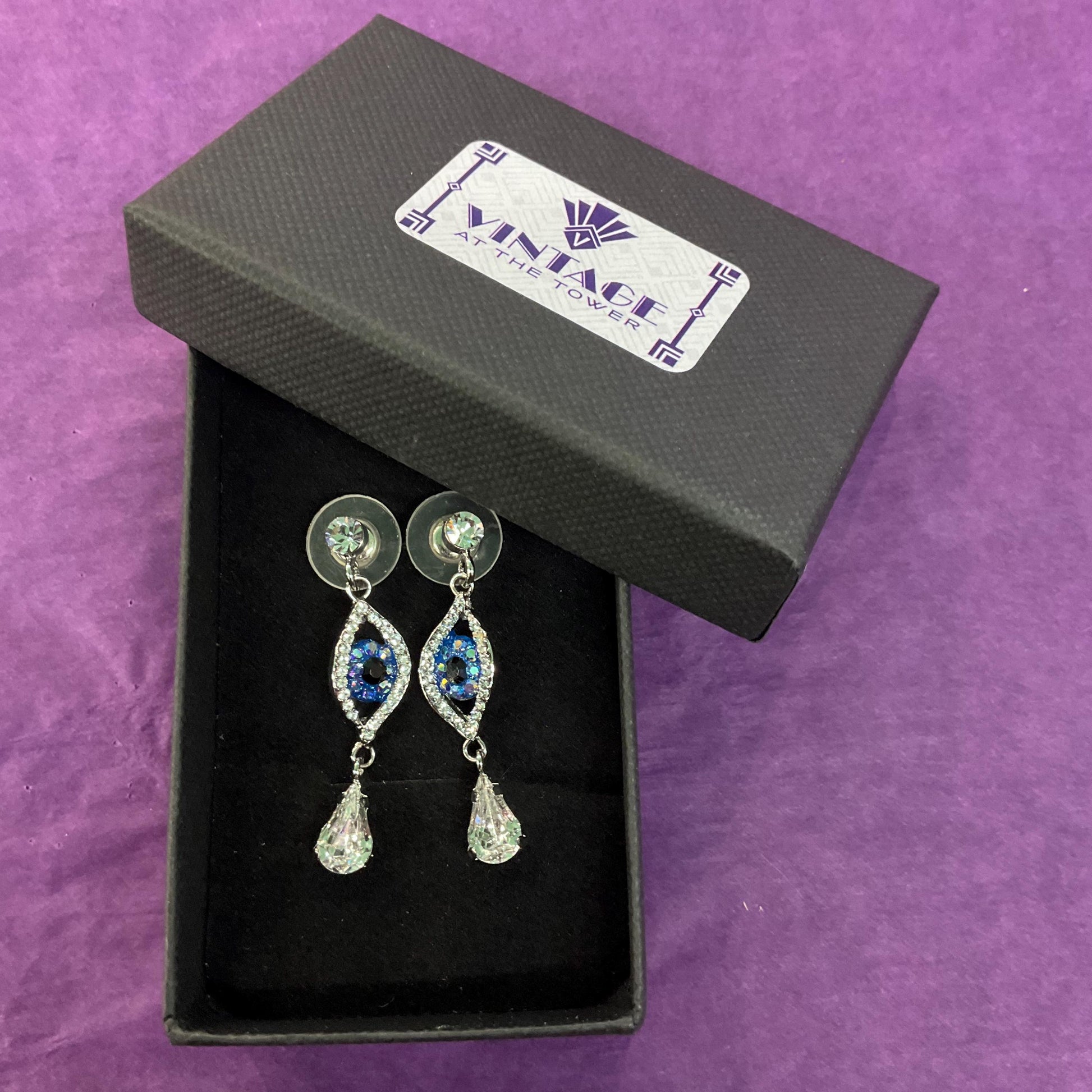 Vintage Butler and Wilson Crystal Eye Long Drop Earrings , Silver tone with silver, black and blue Borealis Crystal Rhinestones