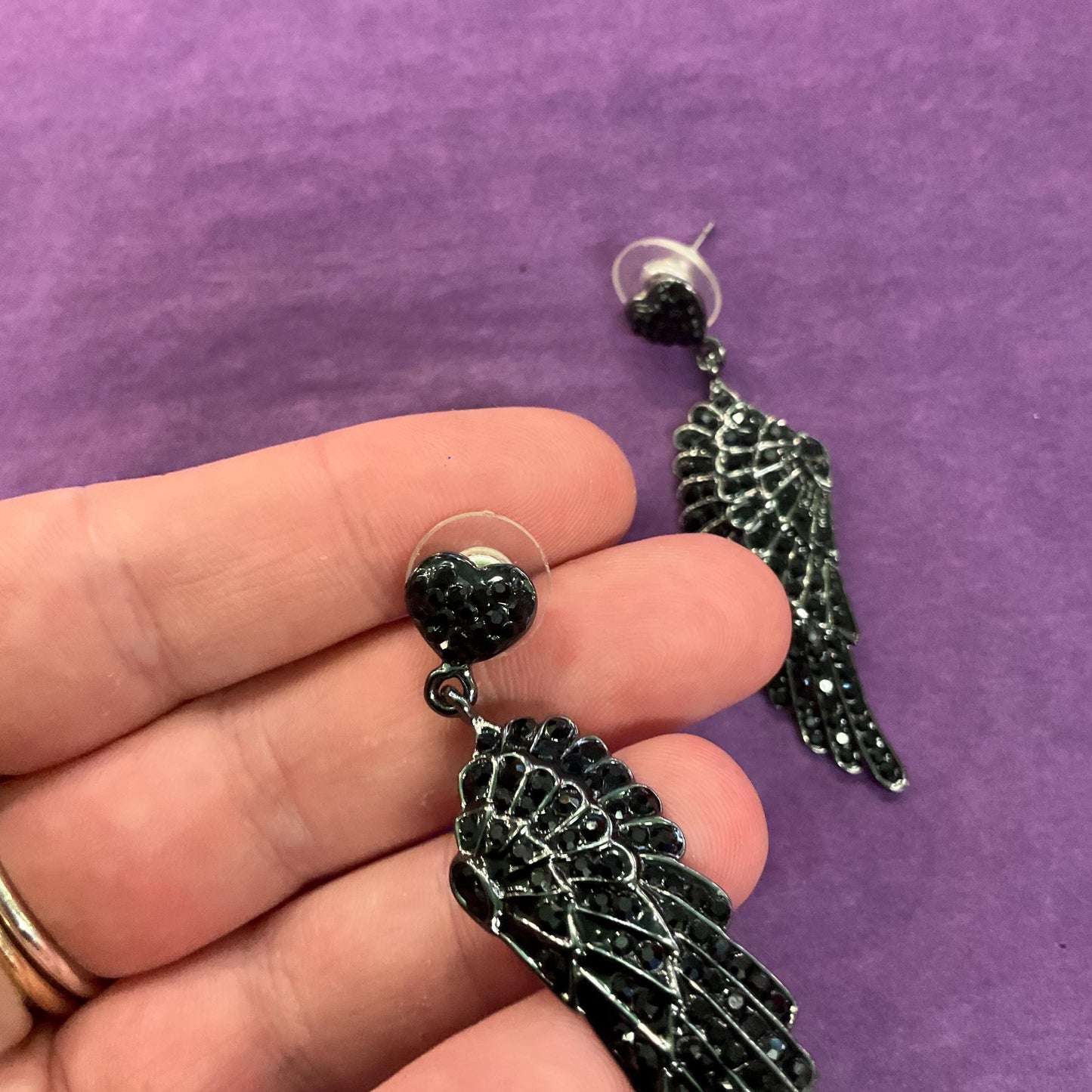 Vintage Butler and Wilson Dark Pewter Angel Wing Crystal Long Drop Earrings, pewter tone with black Rhinestones, sustainable gift