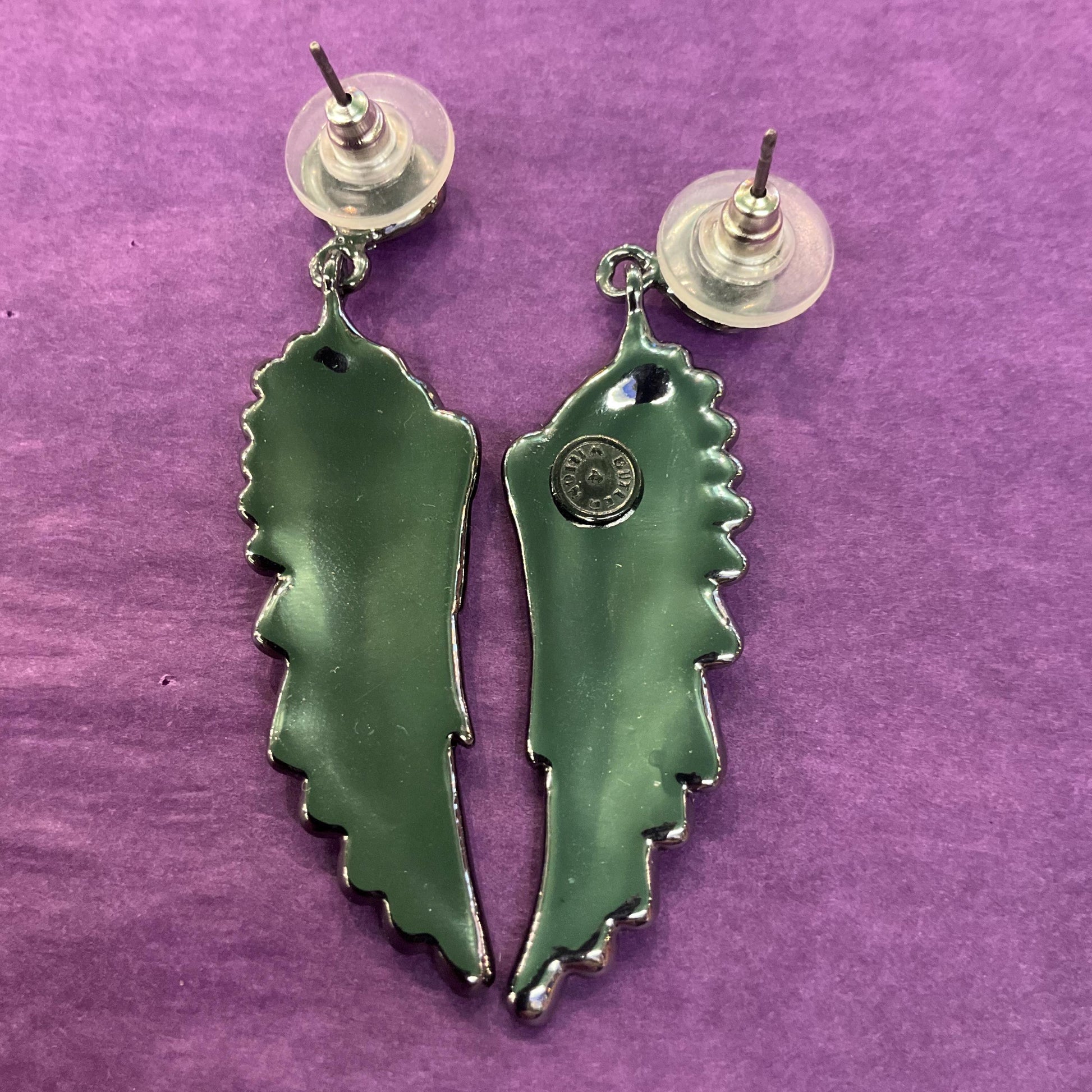Vintage Butler and Wilson Dark Pewter Angel Wing Crystal Long Drop Earrings, pewter tone with black Rhinestones, sustainable gift