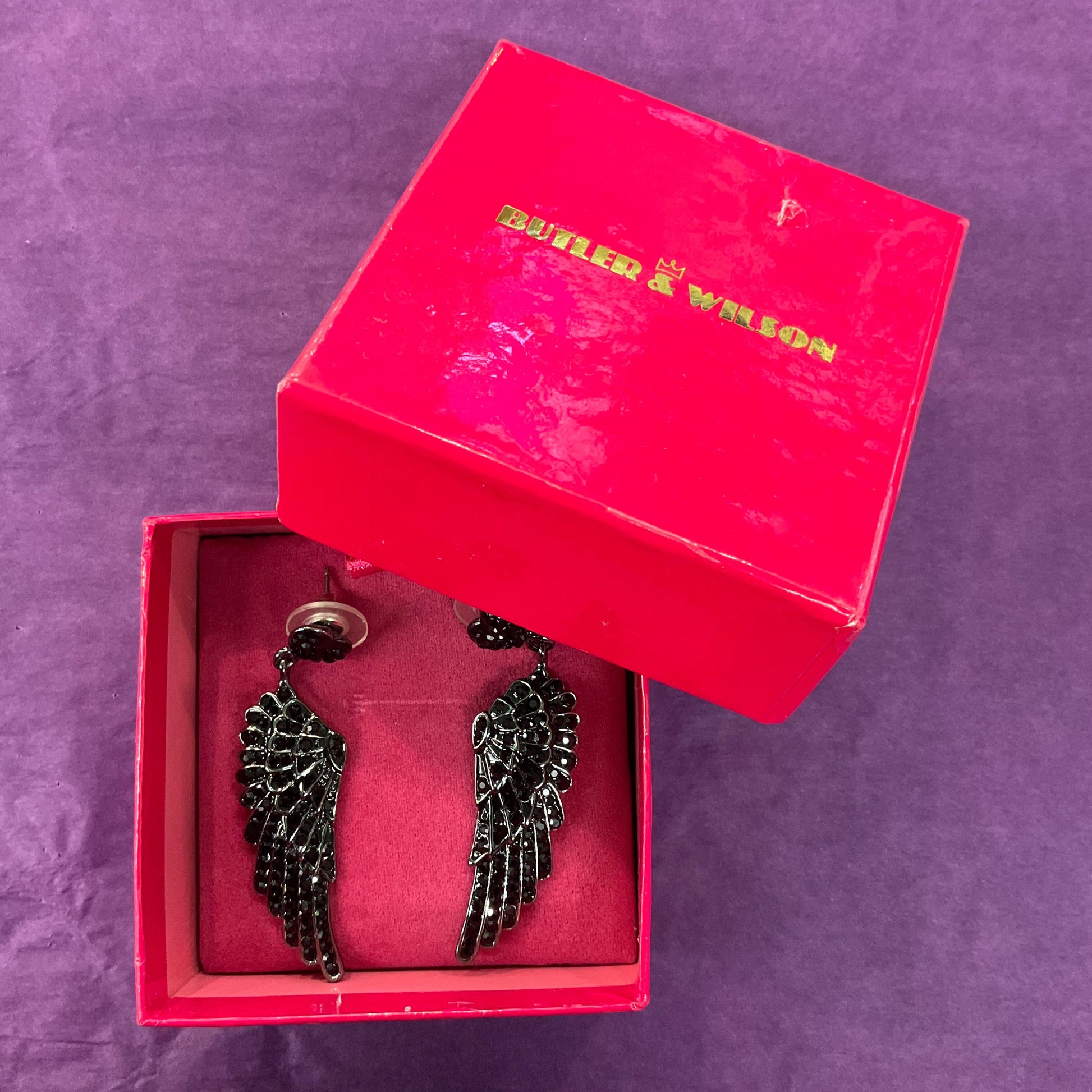 Vintage Butler and Wilson Dark Pewter Angel Wing Crystal Long Drop Earrings, pewter tone with black Rhinestones, sustainable gift