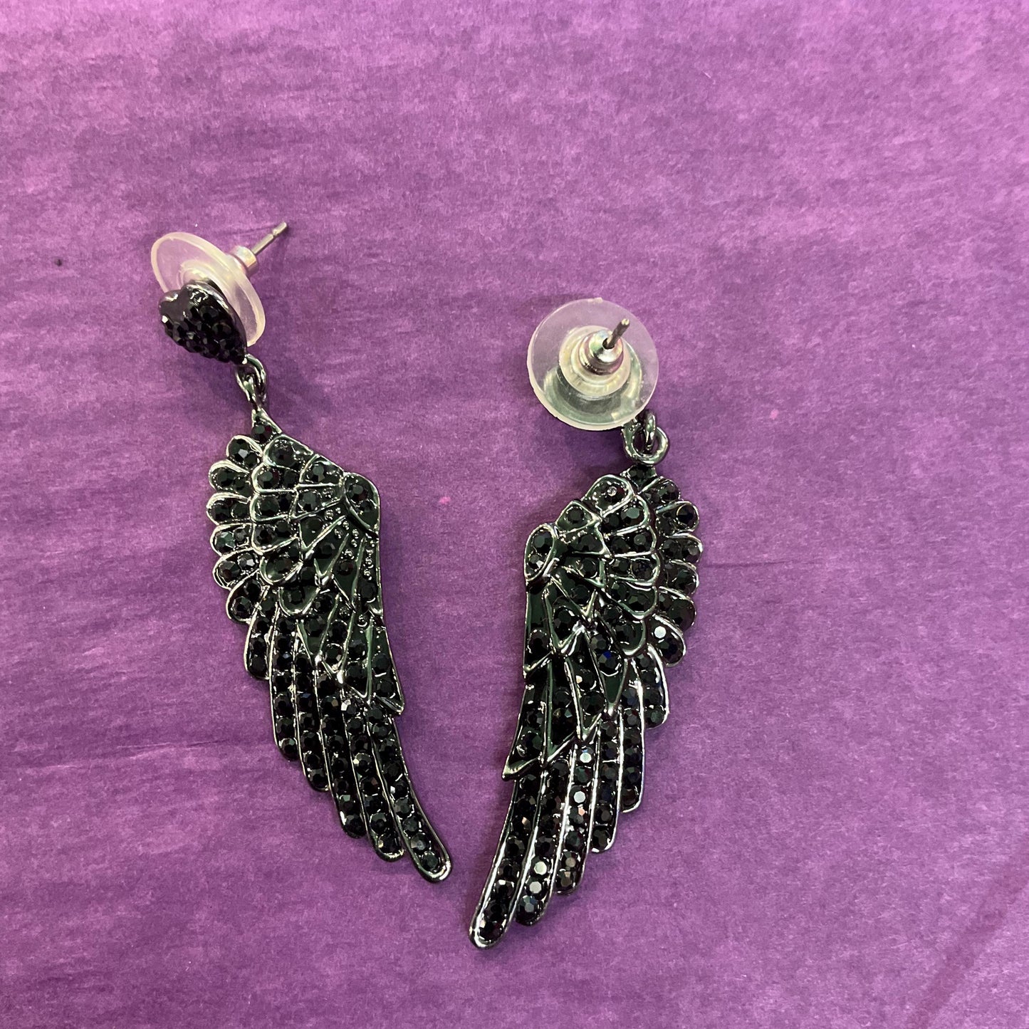 Vintage Butler and Wilson Dark Pewter Angel Wing Crystal Long Drop Earrings, pewter tone with black Rhinestones, sustainable gift