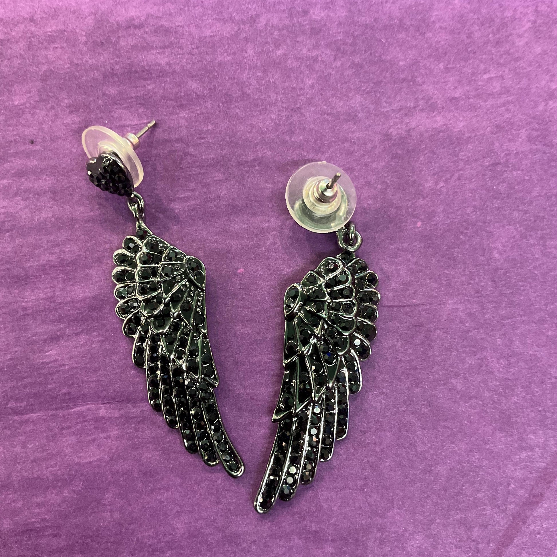 Vintage Butler and Wilson Dark Pewter Angel Wing Crystal Long Drop Earrings, pewter tone with black Rhinestones, sustainable gift