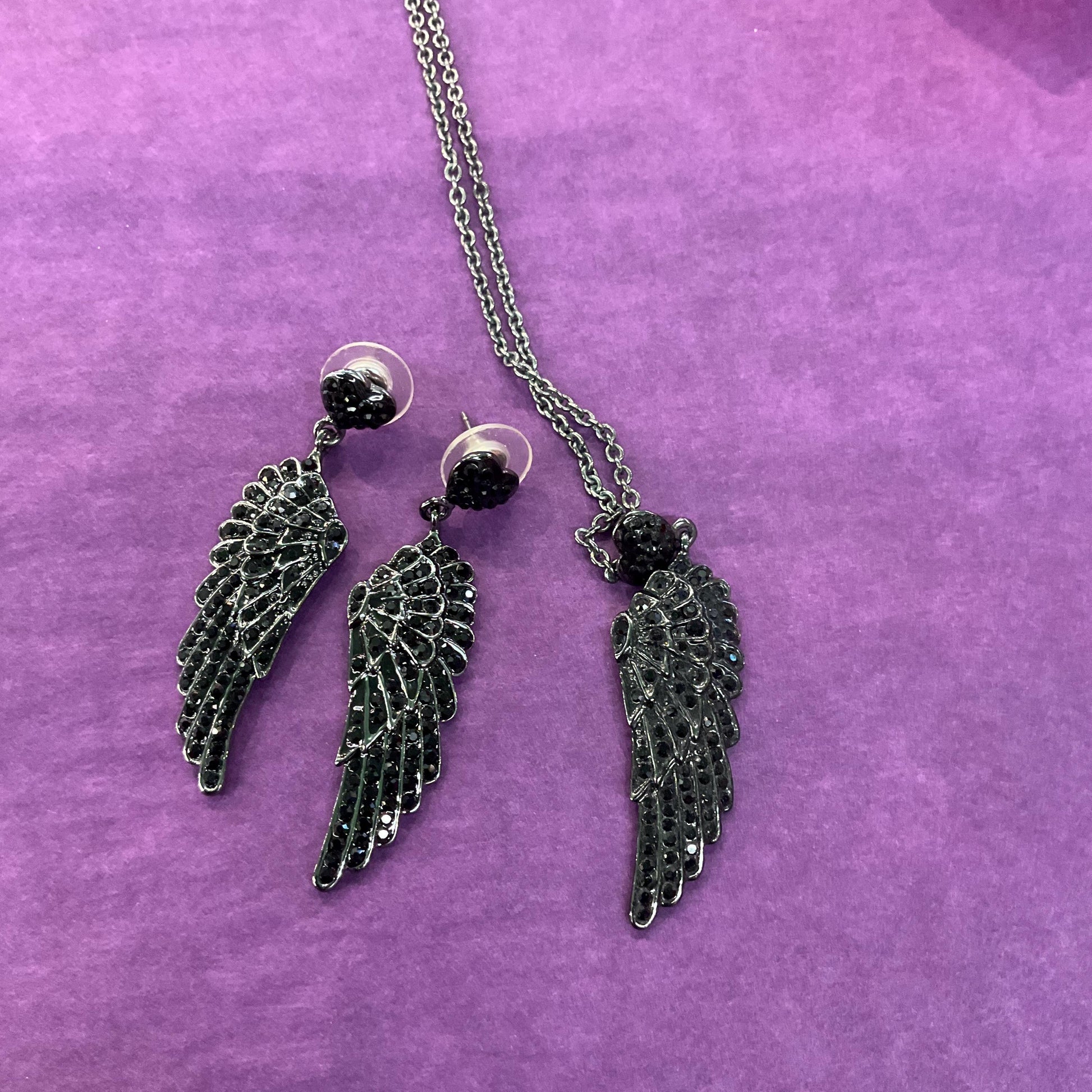 Vintage Butler and Wilson Dark Pewter Angel Wing Crystal Long Drop Earrings, pewter tone with black Rhinestones, sustainable gift