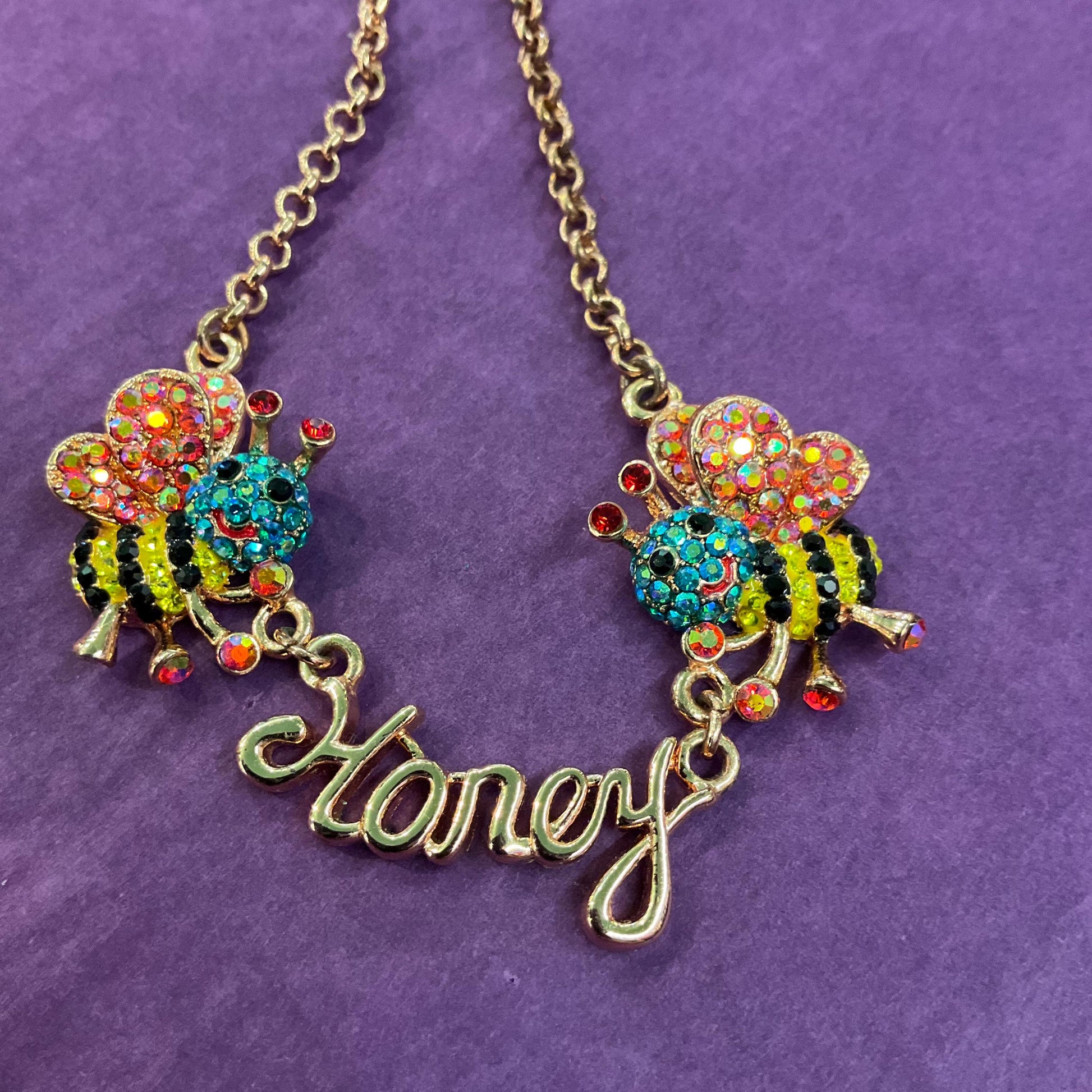 Vintage Butler and Wilson Rainbow Honey Bee Crystal Necklace, Rose gold tone with multicolored Aurora Borealis Rhinestones