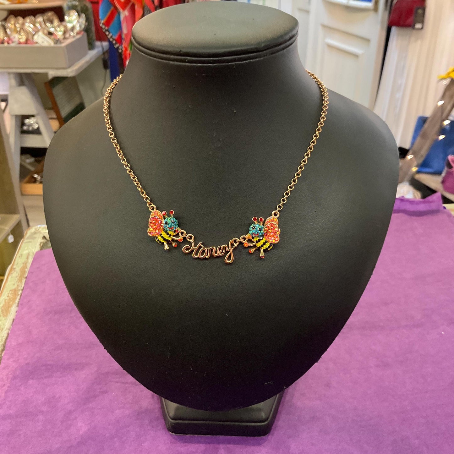 Vintage Butler and Wilson Rainbow Honey Bee Crystal Necklace, Rose gold tone with multicolored Aurora Borealis Rhinestones