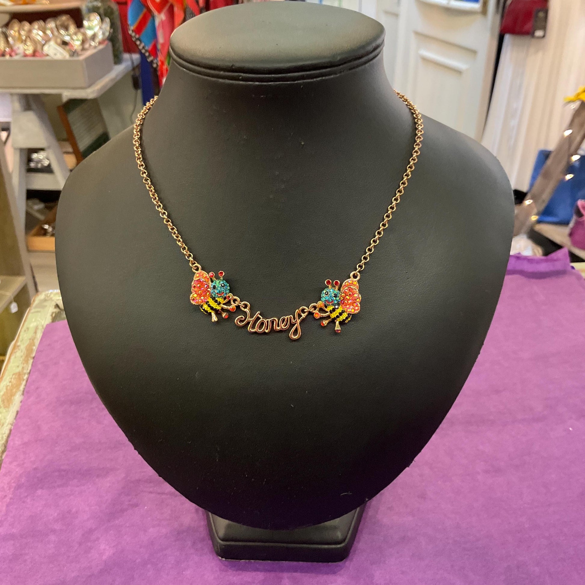 Vintage Butler and Wilson Rainbow Honey Bee Crystal Necklace, Rose gold tone with multicolored Aurora Borealis Rhinestones