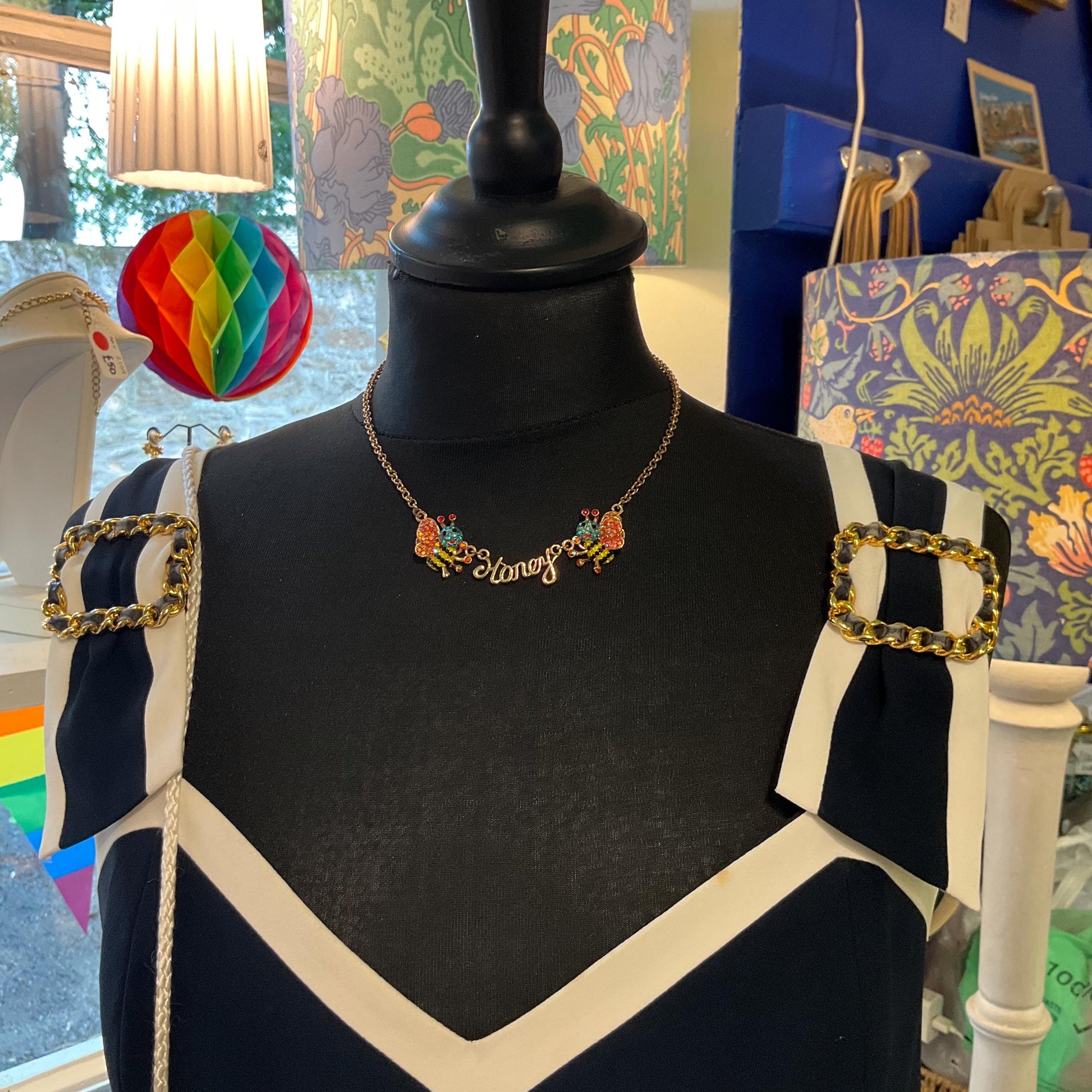 Vintage Butler and Wilson Rainbow Honey Bee Crystal Necklace, Rose gold tone with multicolored Aurora Borealis Rhinestones