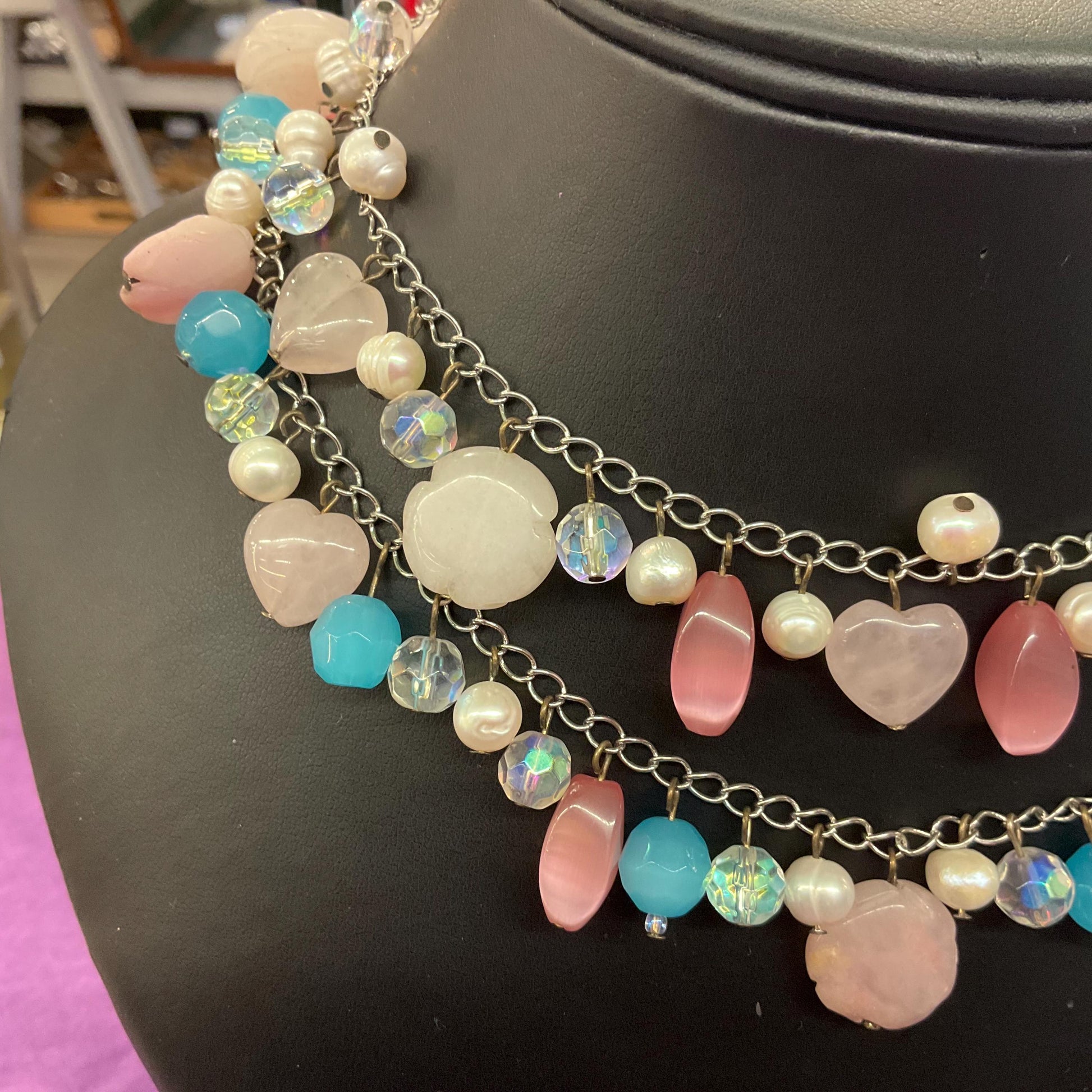 Vintage Butler and Wilson Bohemian Twin Row Gemstone and Crystal Necklace, Fresh Water Pearls, Rose Quartz and Crystal Beads