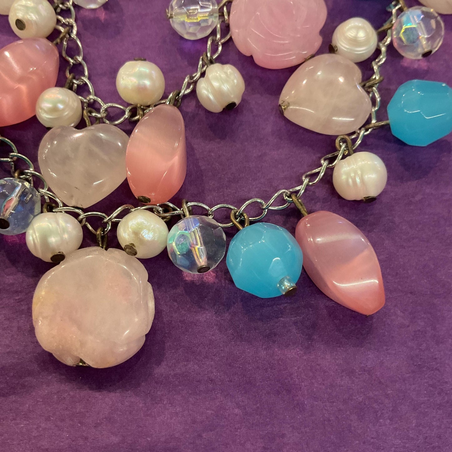 Vintage Butler and Wilson Bohemian Twin Row Gemstone and Crystal Necklace, Fresh Water Pearls, Rose Quartz and Crystal Beads