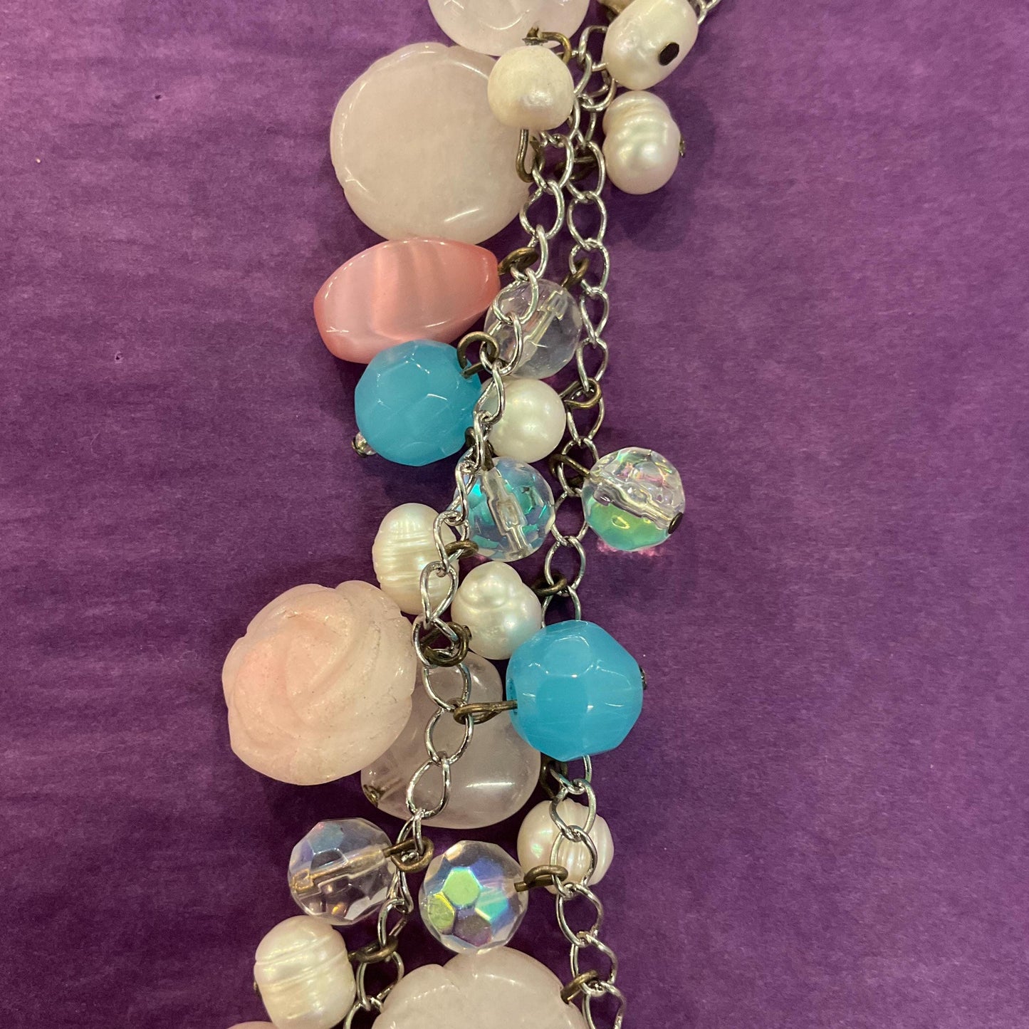 Vintage Butler and Wilson Bohemian Twin Row Gemstone and Crystal Necklace, Fresh Water Pearls, Rose Quartz and Crystal Beads