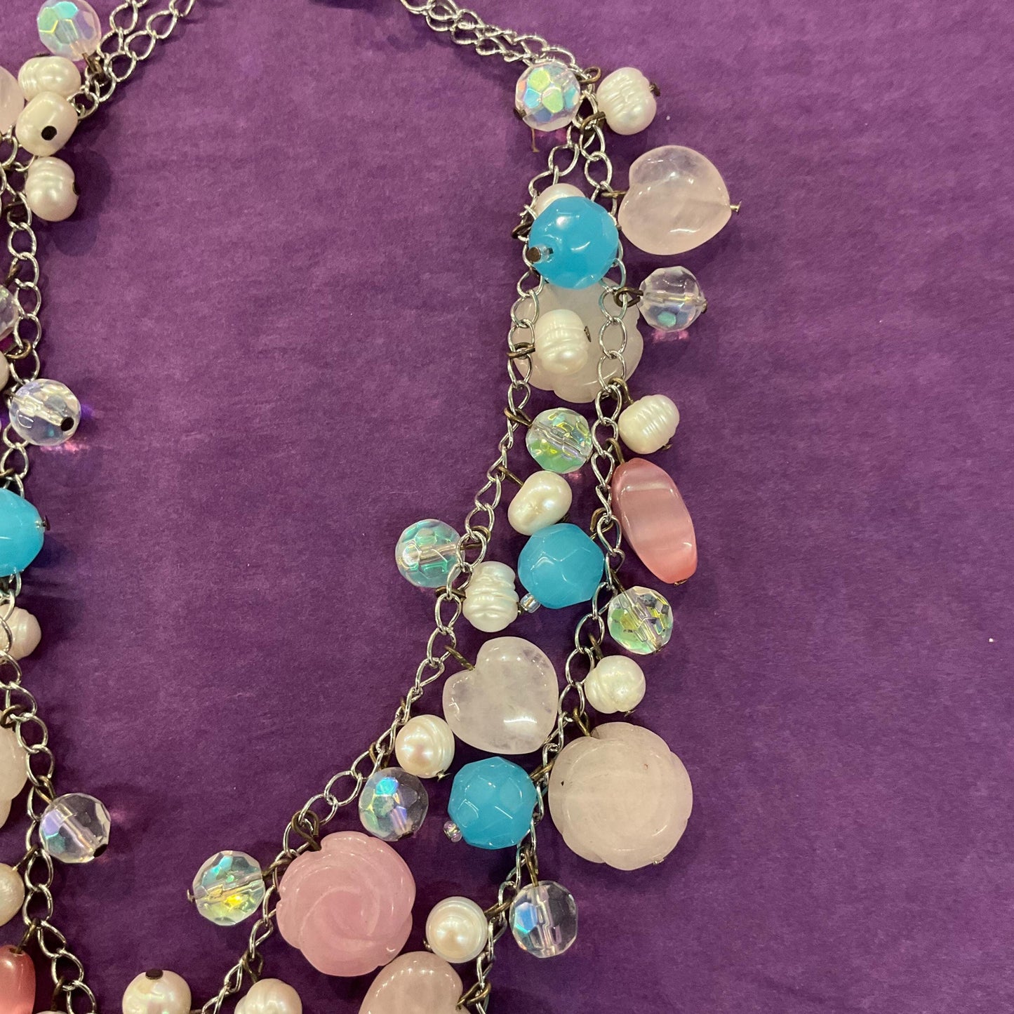 Vintage Butler and Wilson Bohemian Twin Row Gemstone and Crystal Necklace, Fresh Water Pearls, Rose Quartz and Crystal Beads